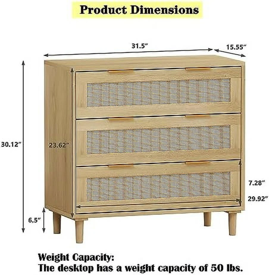 HBBOOMLIFE 3 Drawer Dresser Rattan Dresser Wood Chest of Drawers Farmhouse Rattan Dresser Chest Cabinet for Closet for Bedroom Living Room Hallway Entryway