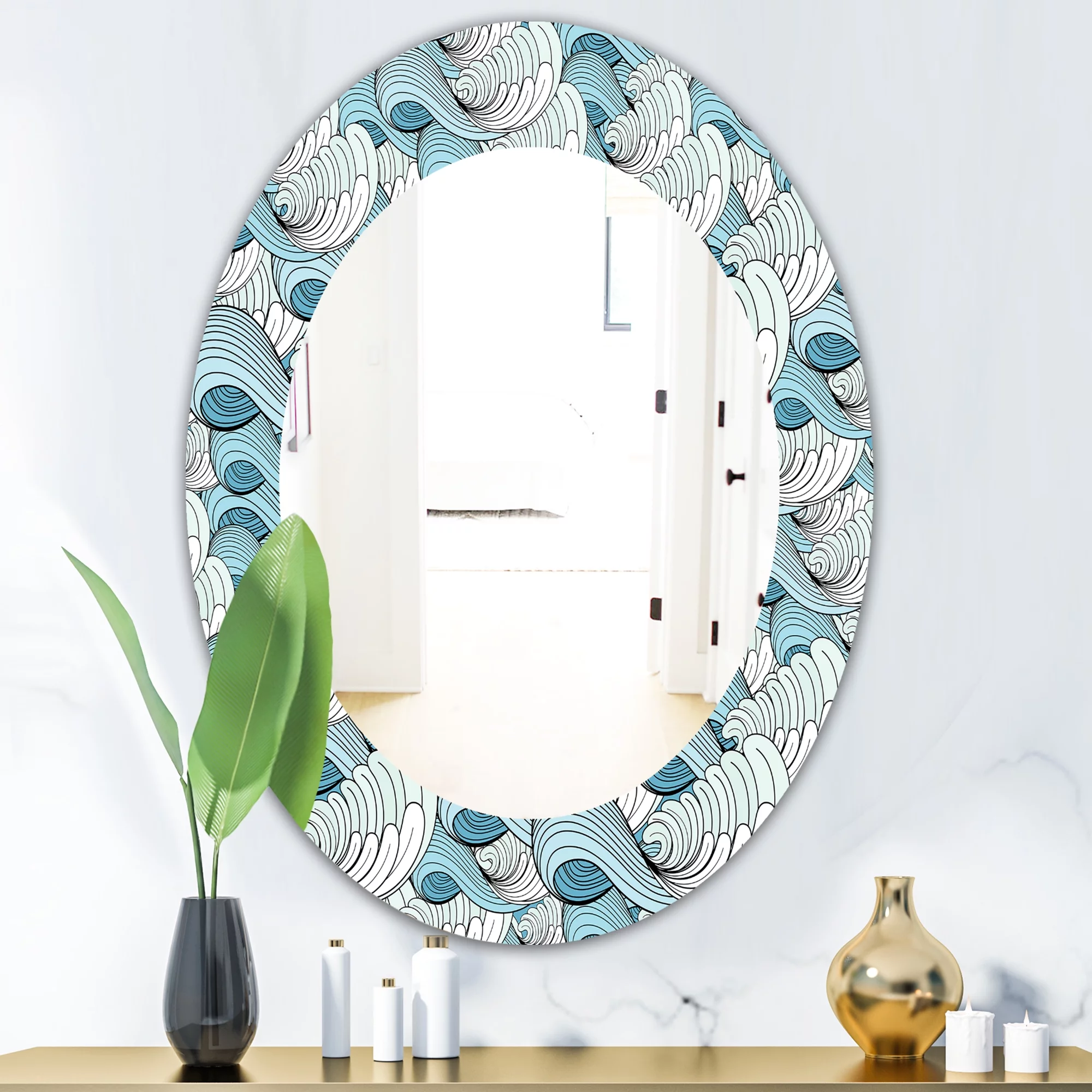 Designart 'Great Wave Inspiration' Traditional Mirror - Oval or Round Wall Mirror