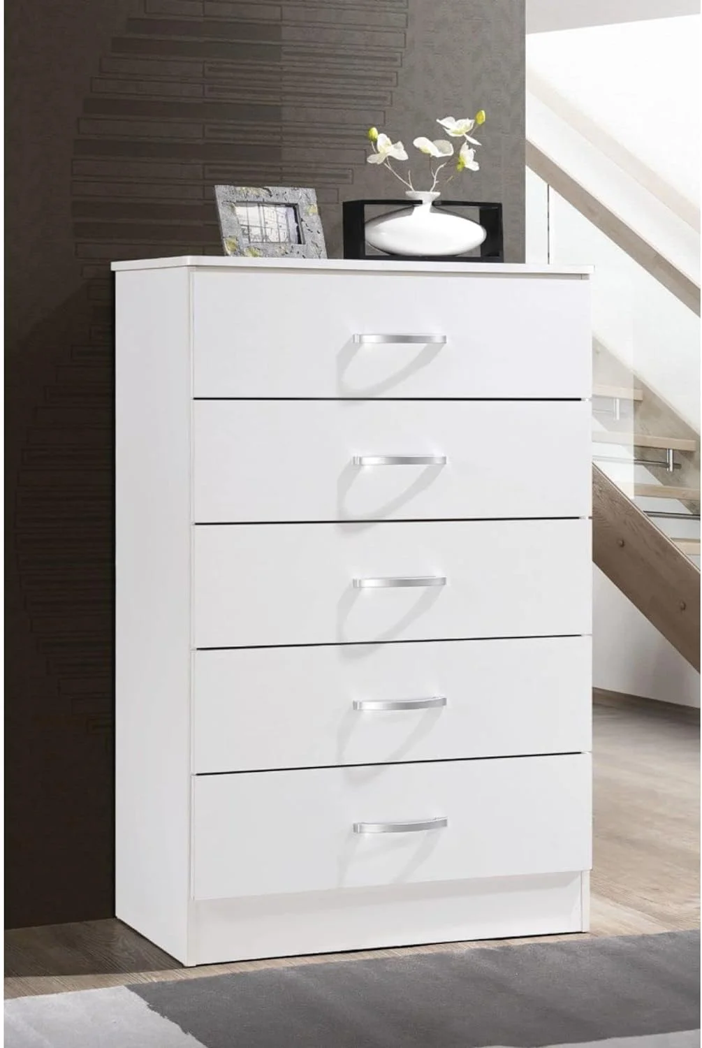 White And Silver Rectangular 5-Drawer Chest