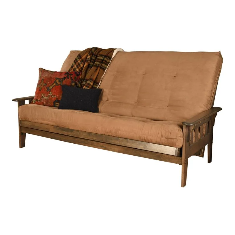 Pemberly Row Queen Futon with Peat Fabric Mattress in Tan and Walnut