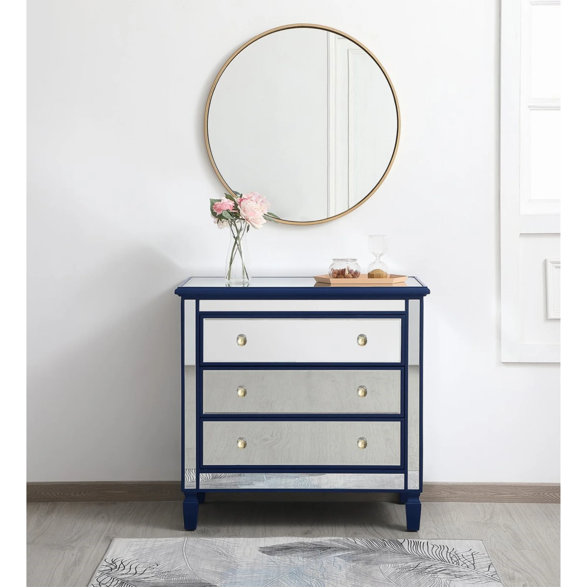 Elegant Decor MF6-1019BL 33 in. Mirrored 3 Drawer Chest, Blue