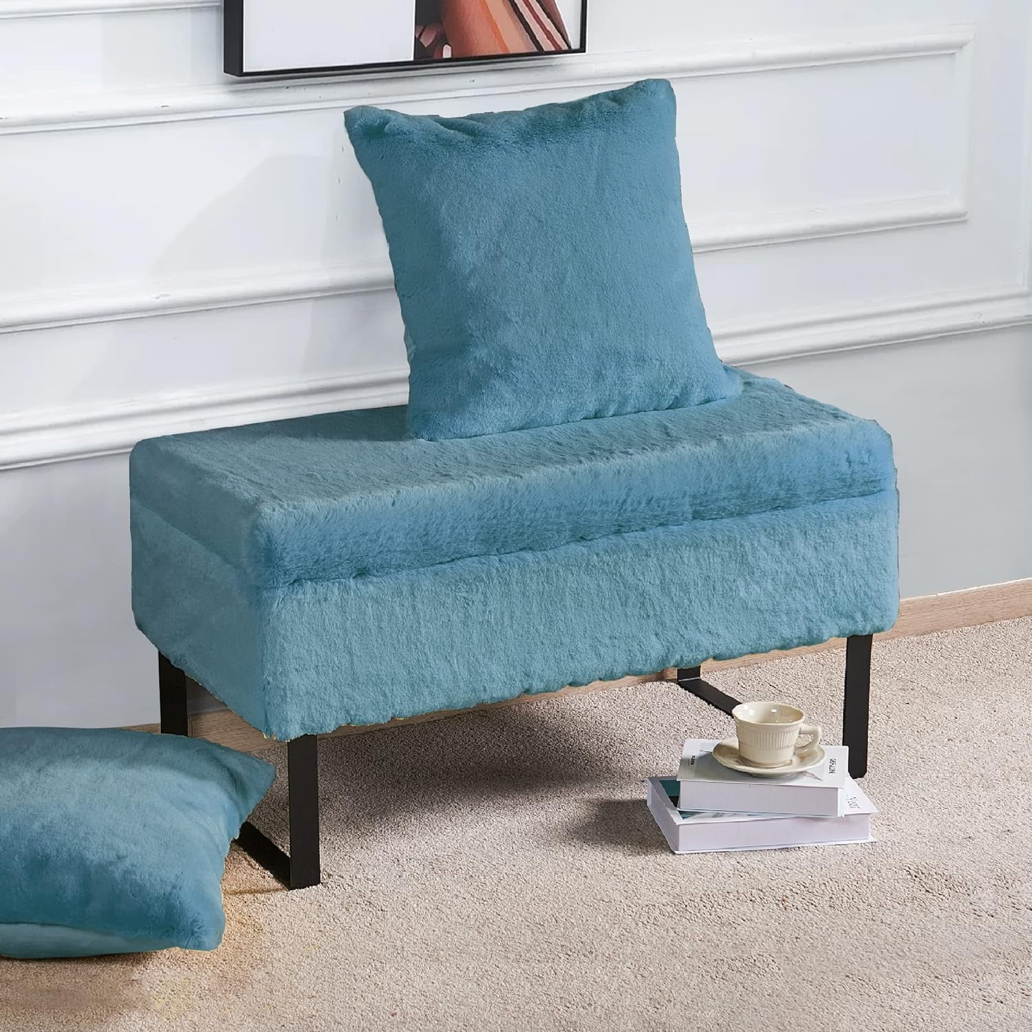 Heavy Faux Fur Storage Ottoman, 36'' X 18'' X 19''H / 20'' X 20'' Pillow Set, Silver Blue, Foot Rest Stool Ottoman Living Room Bedroom End Of Bed Makeup Entryway Bench Throw Pillow