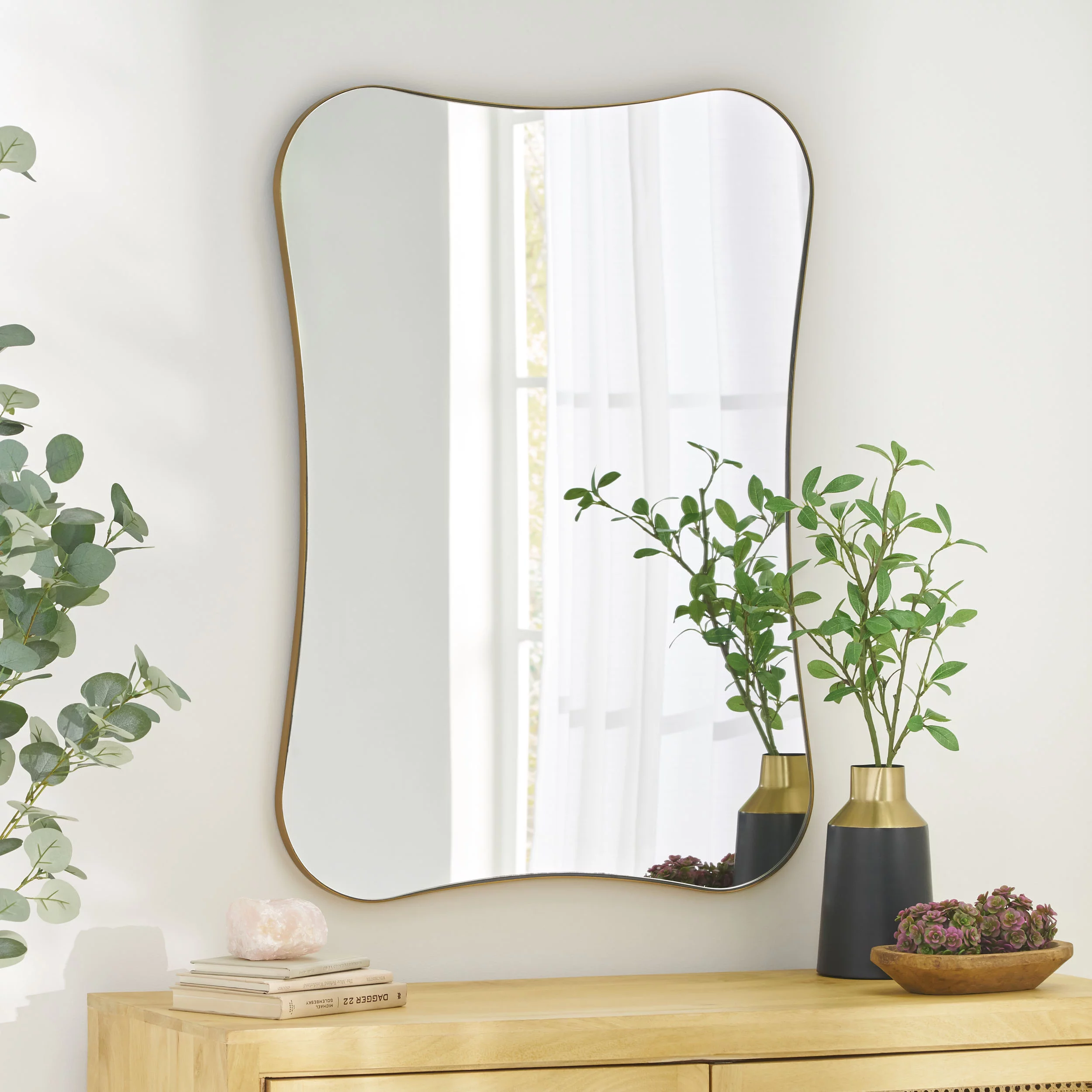 GDF Studio Bostick Contemporary Stainless Steel Rounded Rectangular Wall Mirror, Brushed Brass