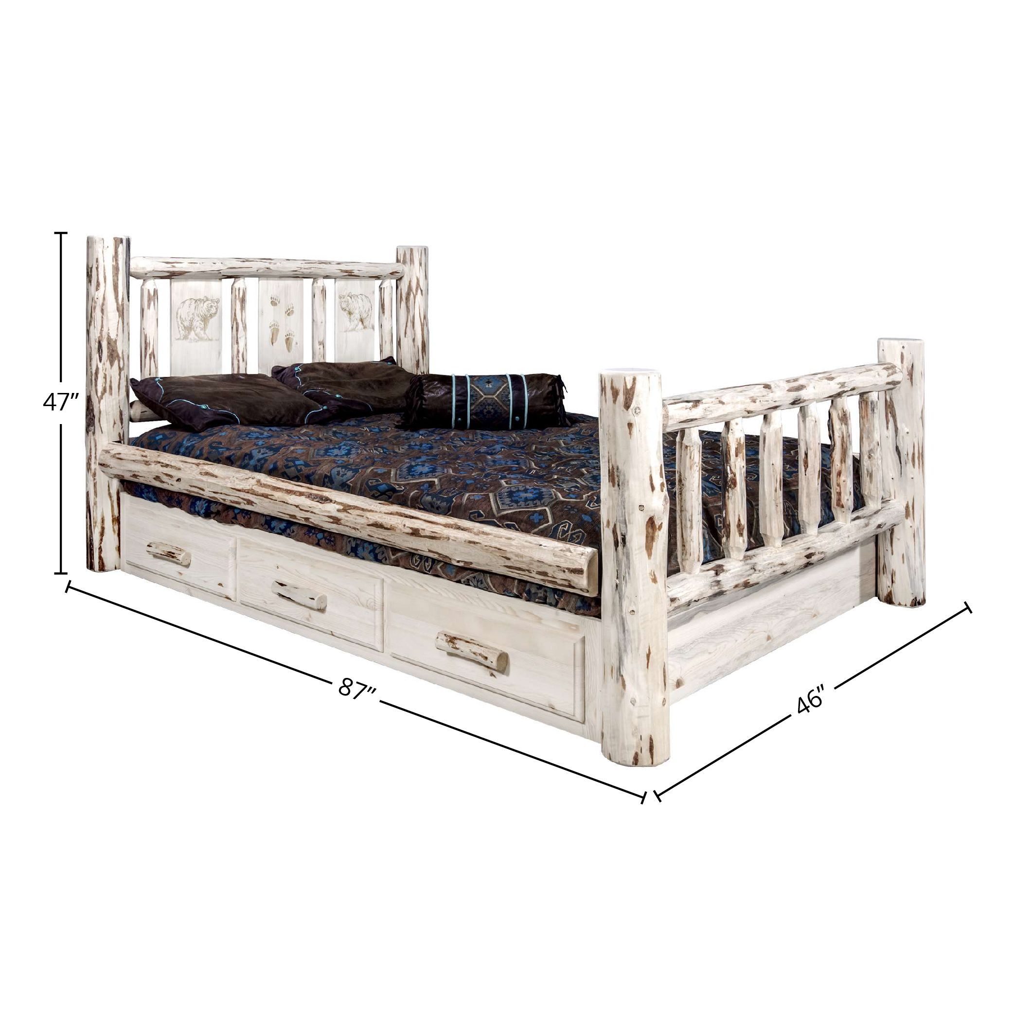 Montana Collection Twin Storage Bed w/ Laser Engraved Bear Design, Ready to Finish