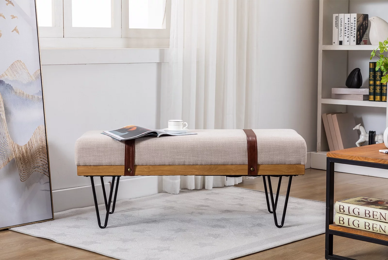 Guyou Modern Linen Rectangle Ottoman Bench with Two Straps and Metal Legs, Upholstered Bed End Bench Entryway Shoe Bench Dining Table Bench Footstool for Bedroom Living Room, Beige