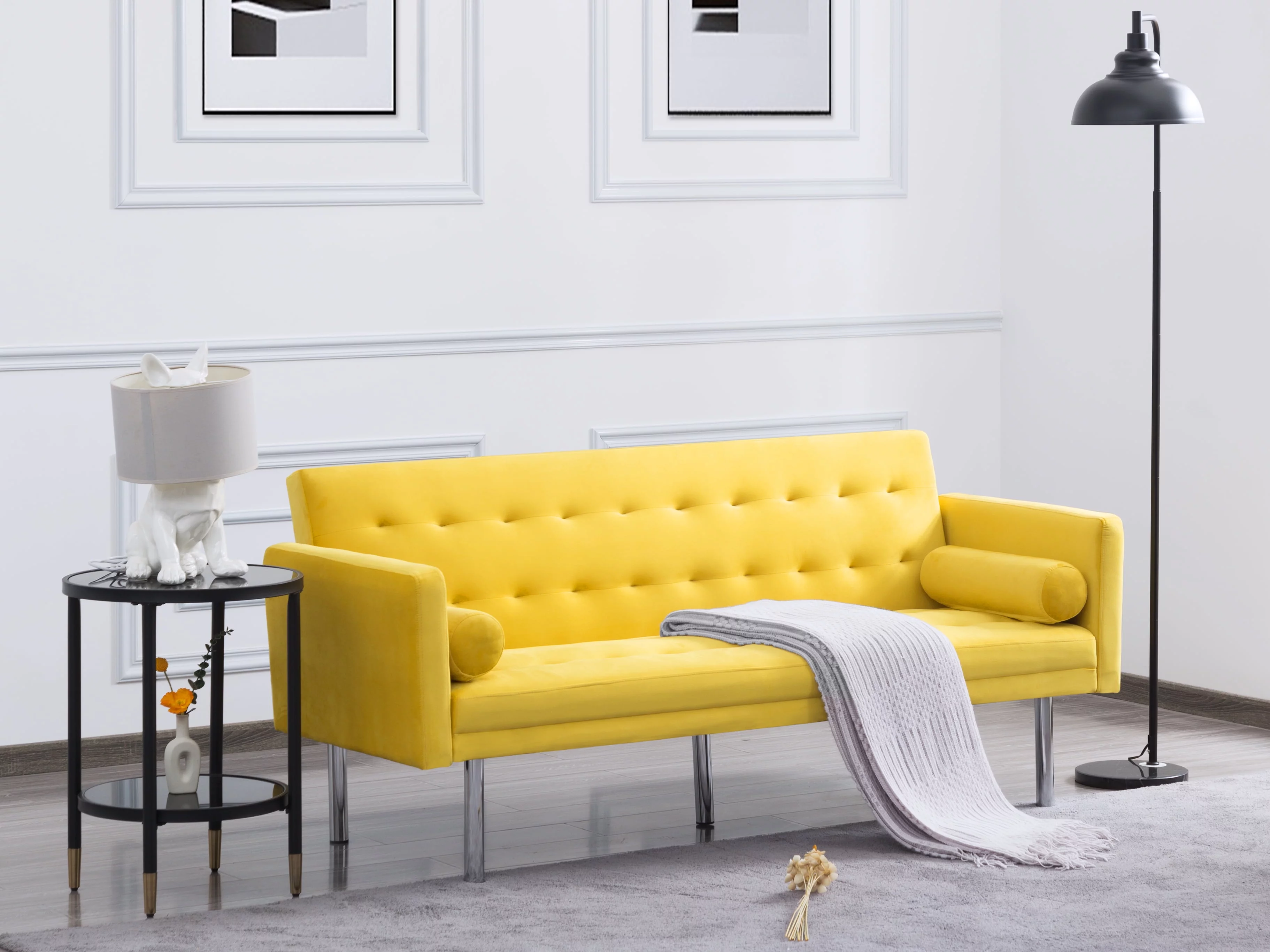 BSHTI 68.5 inch European Style Futon Sofa Bed,Modern Adult Sofa Sleeper With Two Pillows(Yellow)