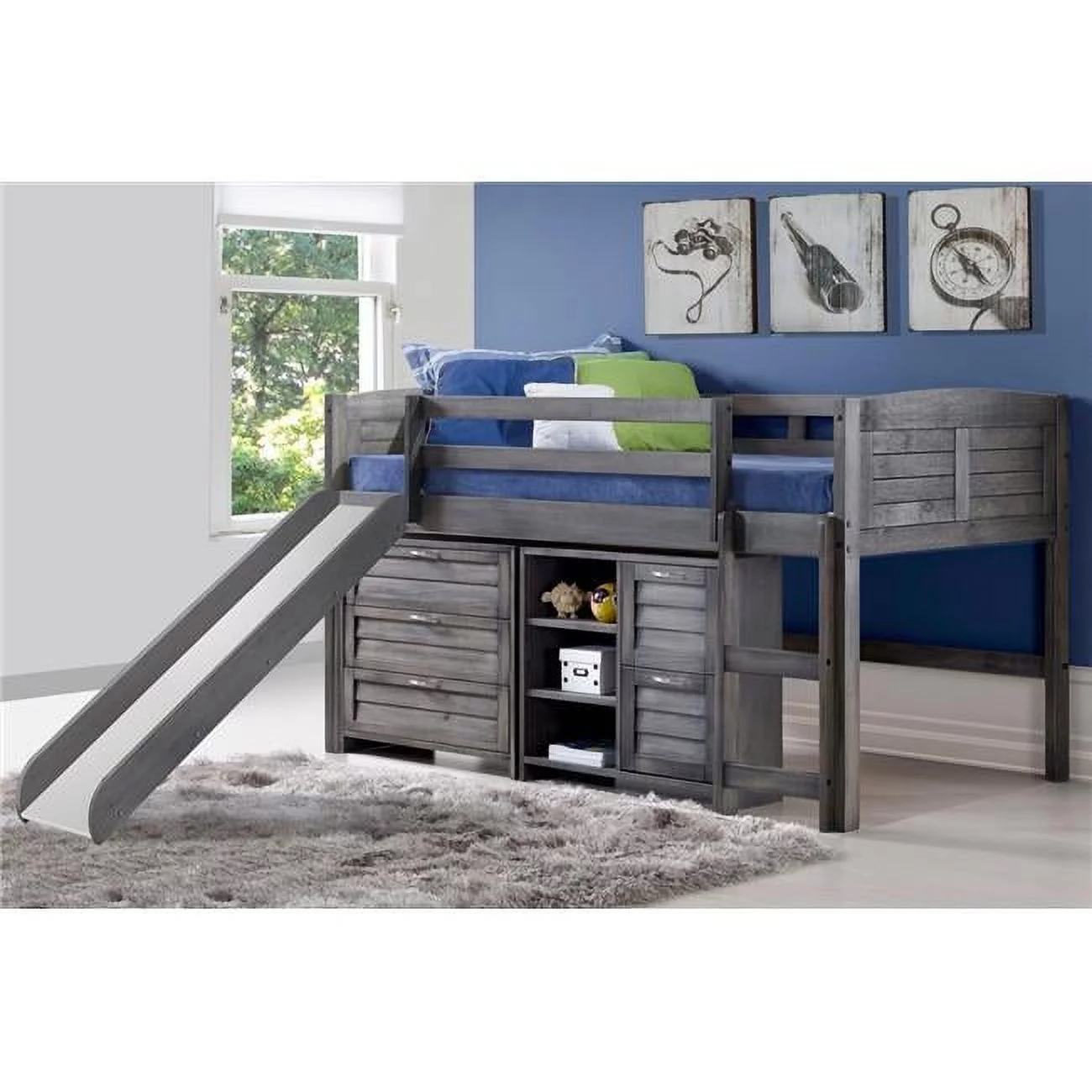 PD-790AAG-C6-785AG Twin Louver Low Loft Bed with Slide, 3 Drawer Chest & 2 Drawer Chest with Shelves in Antique Grey
