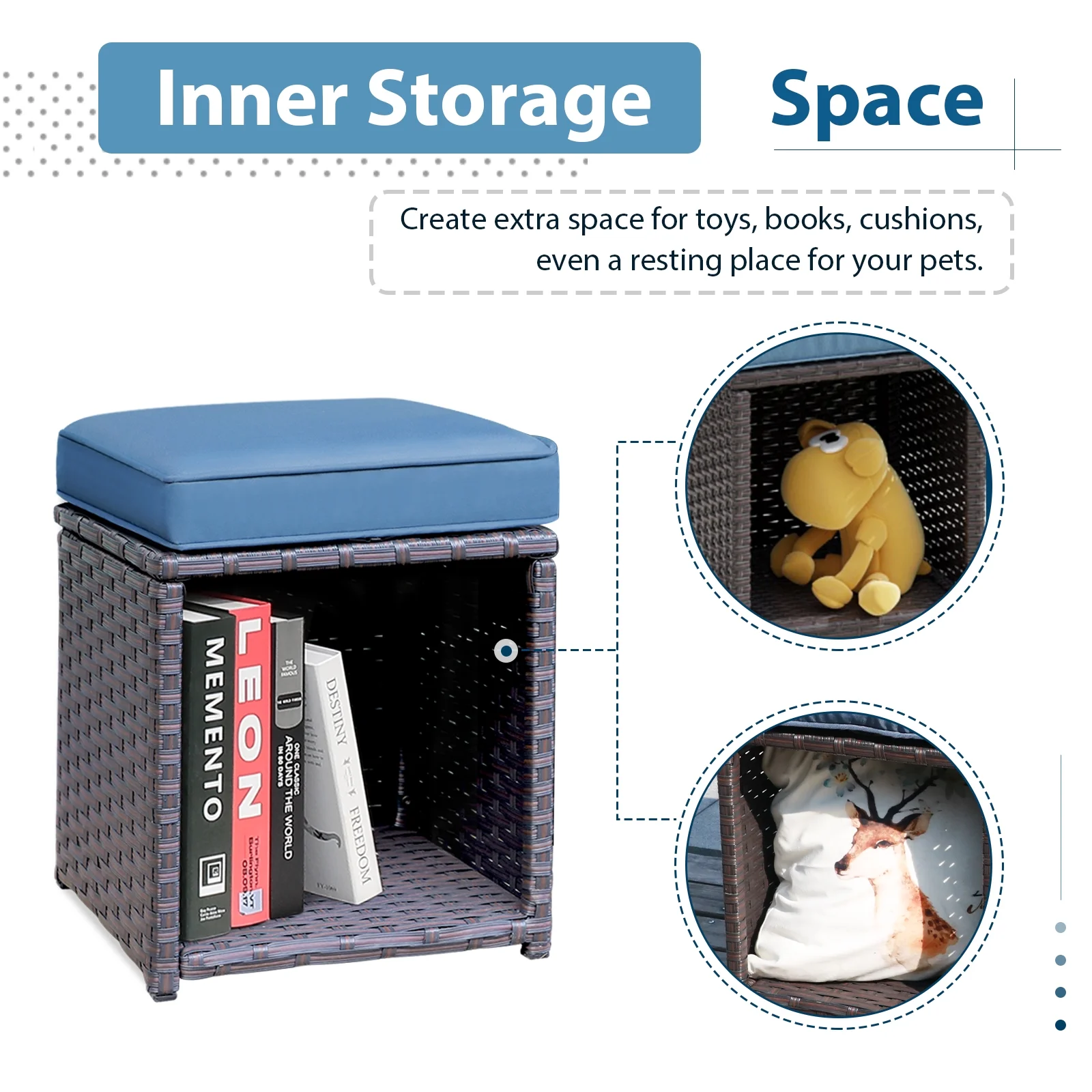 JOIVI 2 Pieces Outdoor Patio Ottoman, All Weather Rattan Wicker, Footstool Footrest Seat with Removable Cushions Storage Space, Aegean Blue