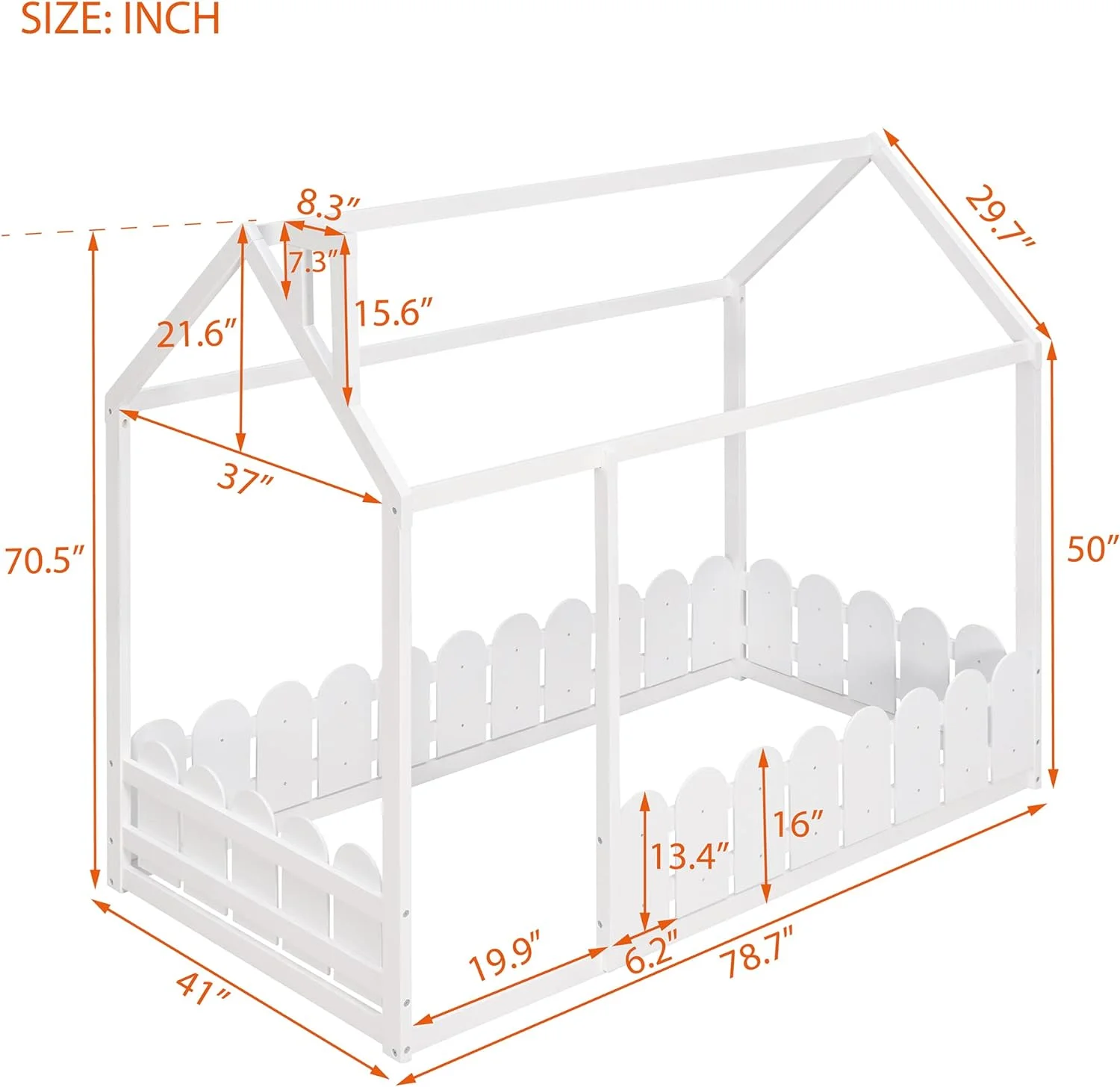Kids House Beds, Floor Bed With Fece Wood Cabi Bed Frame Ca Be Decorated For Kids, Tees, Girls, Boys, White