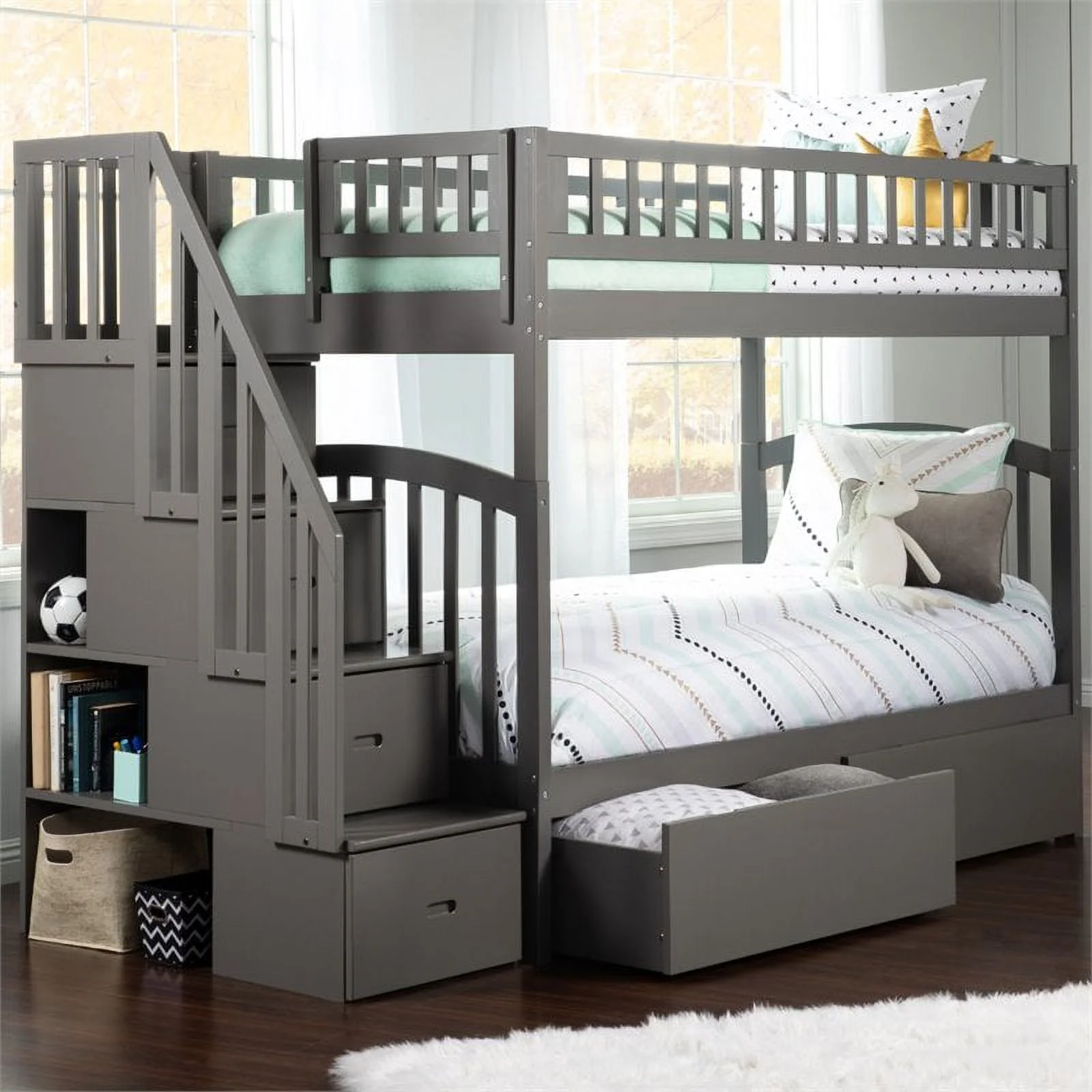 Bowery Hill Solid Wood Staircase Storage Bunk Twin Over Twin in Gray