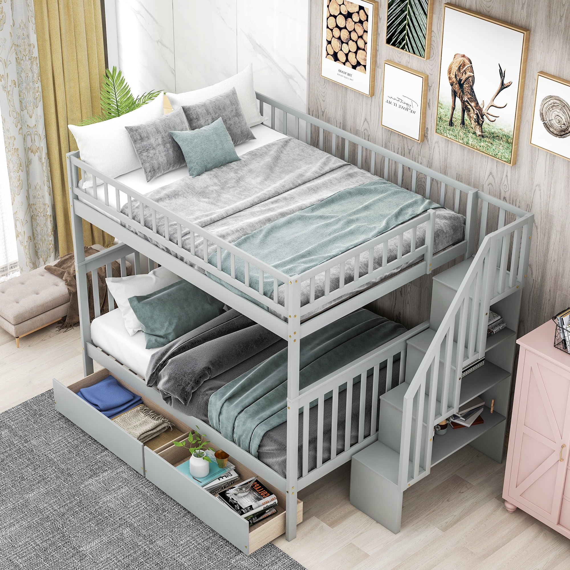 Euroco Full over Full Bunk Bed with Storage Shelves and 2 Under Storage Drawers for Kids Room, Gray