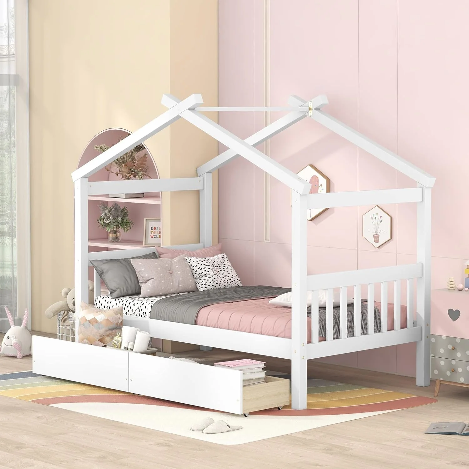 Size House Bed With Drawers, Wooden Platform Bed Frame With Headboard And Footboard, Roof Design, For Guest Room/Living Room, White