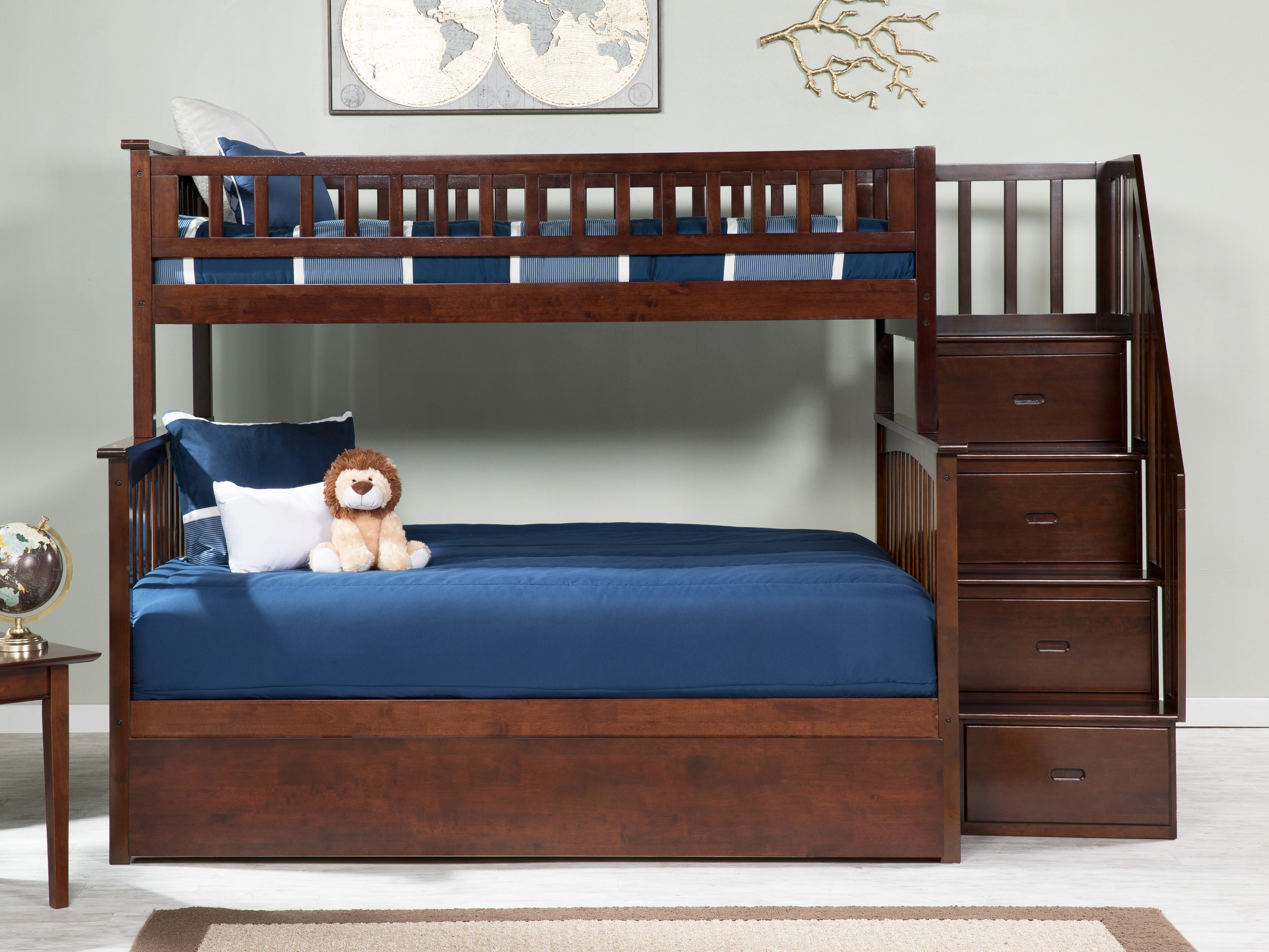 Columbia Staircase Bunk Bed Twin over Full with Full Size Urban Trundle Bed in Walnut