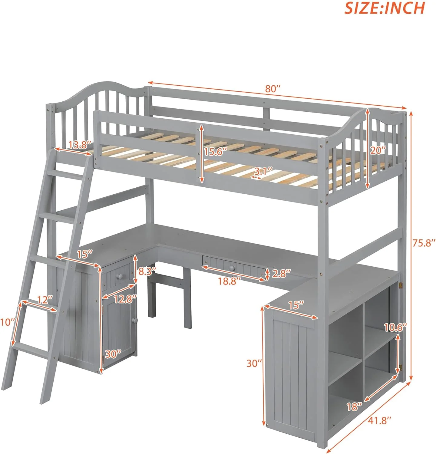 Loft Bed With Desk, Loft Bed With Drawer And Cabinet, Wood Kids Loft Bed With Bookcase Shelves For Dorm, Boys & Girls Teens Adults, Gray