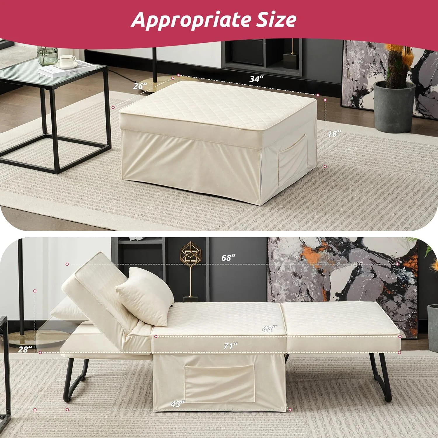 Folding Ottoman Sofa Bed, Convertible Chair 4 In 1 Multi-Function Ottoman, Couch Bed With 6 Position Adjustable Backrest, Modern, Imitation Flannel, White