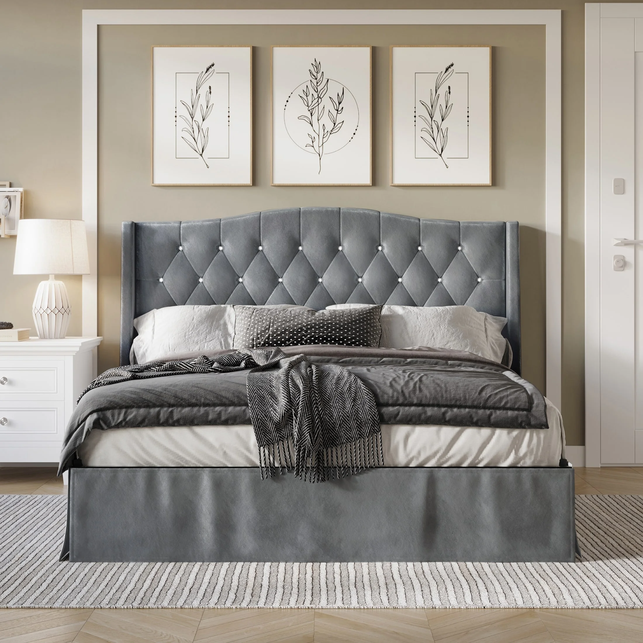 CraftPorch  Glam Velvet Crystal Button Tufted Upholstered Platform Bed Silver Grey Full