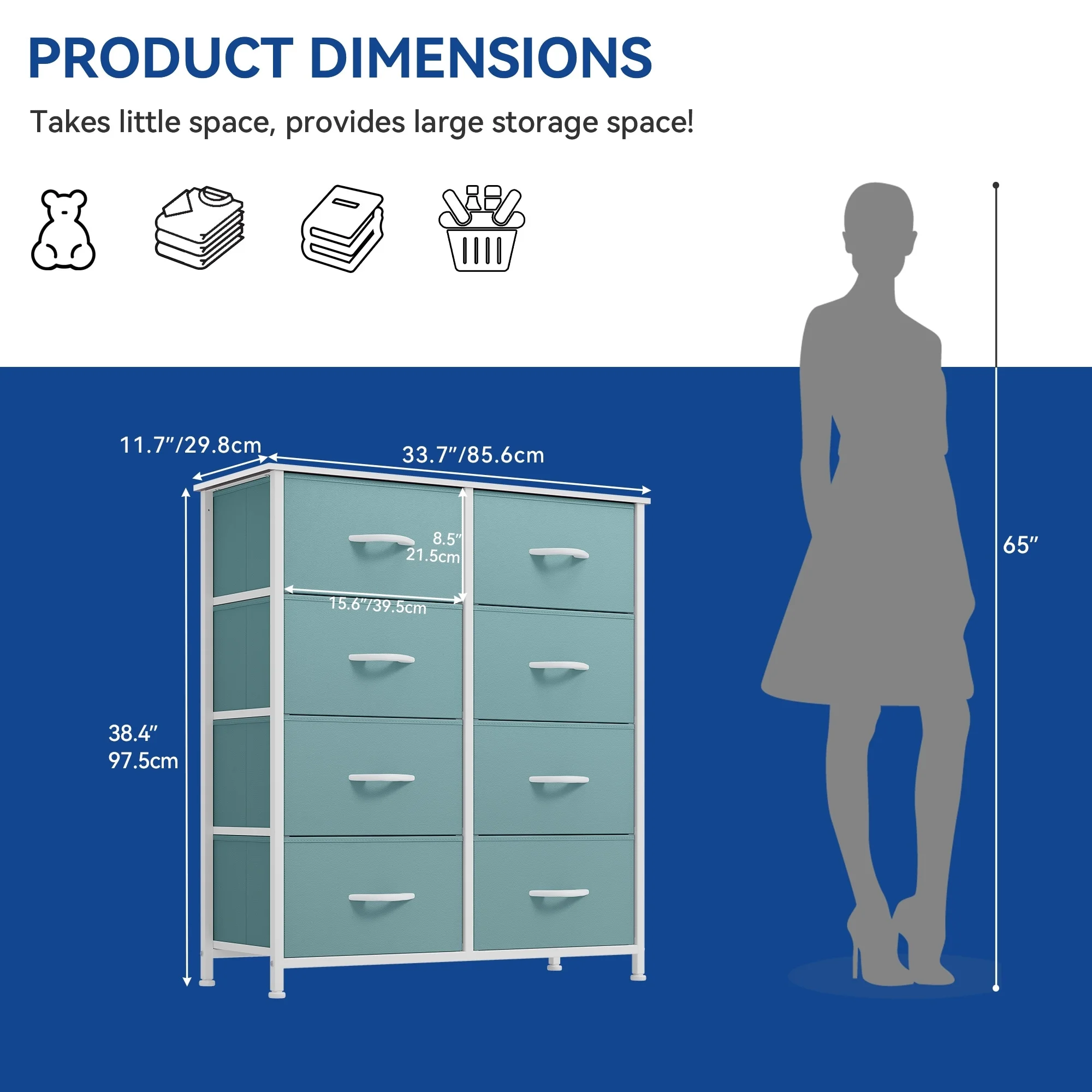 Modern 8-drawers Vertical Fabric Dresser Bedroom Storage Tower Solid Green