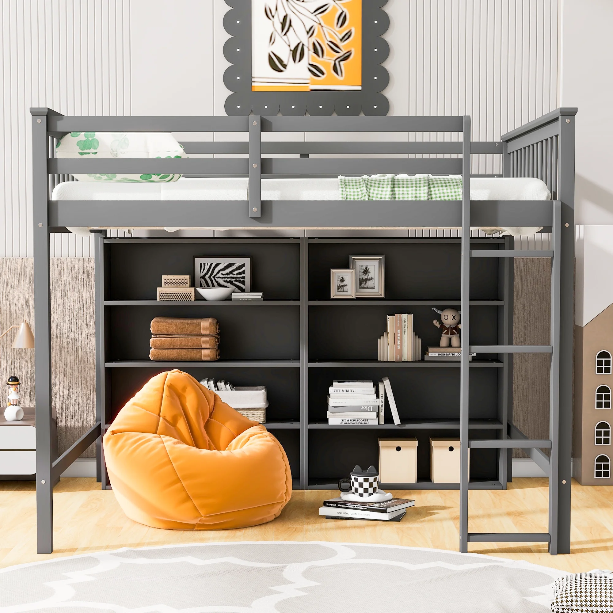 Euroco Wood Full Size Loft Bed with Shelf for Kids Bedroom, Functional Storage Shelf and Display Case, Open Bookcase for Kids Teens Adults, Gray