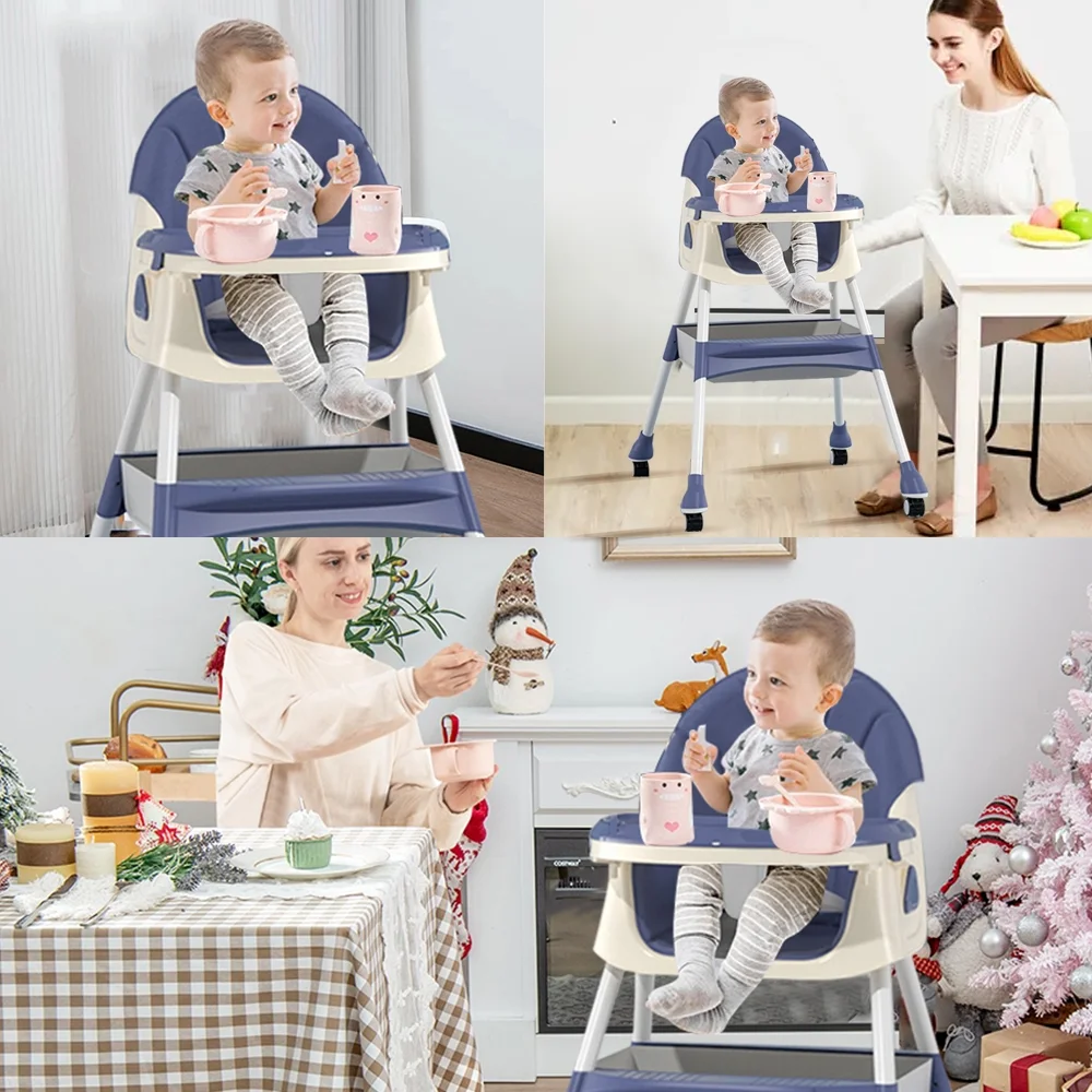 Hurber 4 in 1 Baby High Chair, Child Feeding Chair with Five-Point Harness, Retractable Detachable Dining Plate,Brakable Universal Wheel, Toy Rack, Blue