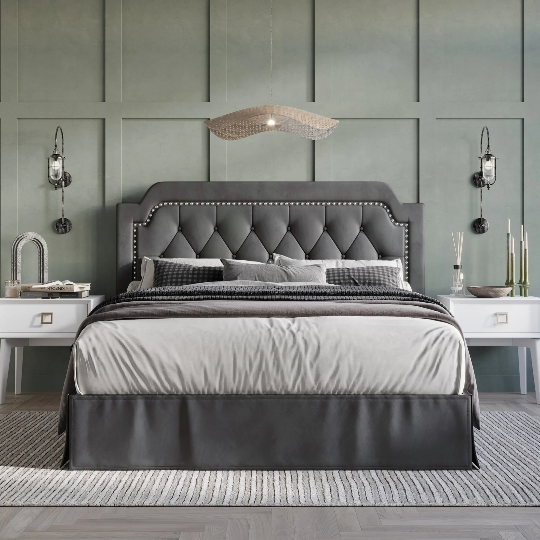 CraftPorch  Elegance Velvet Button Tufted Upholstered Platform Bed Navy Blue Twin