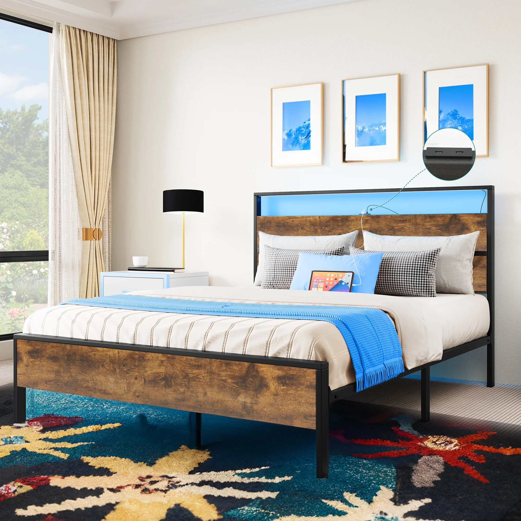 Dextrus LED Bed Frame with Storage and Charging Convenience, Queen Size Bed Frame No Box Spring Needed, Vintage Brown