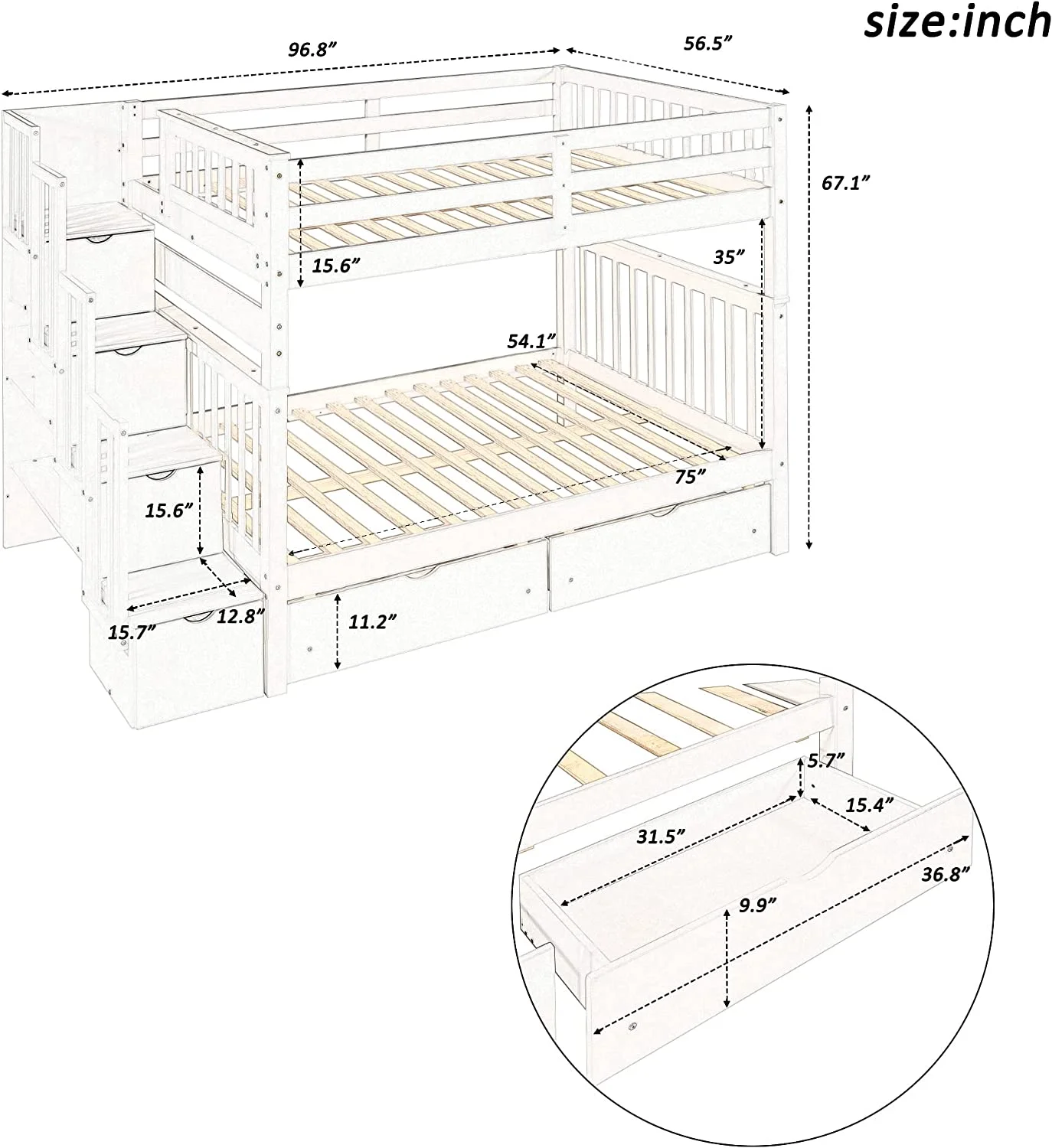 Full Over Full Bunk Bed With Stairs, Wooden Bunk Bed With Storage Drawers, For Kids Teens Adults - White