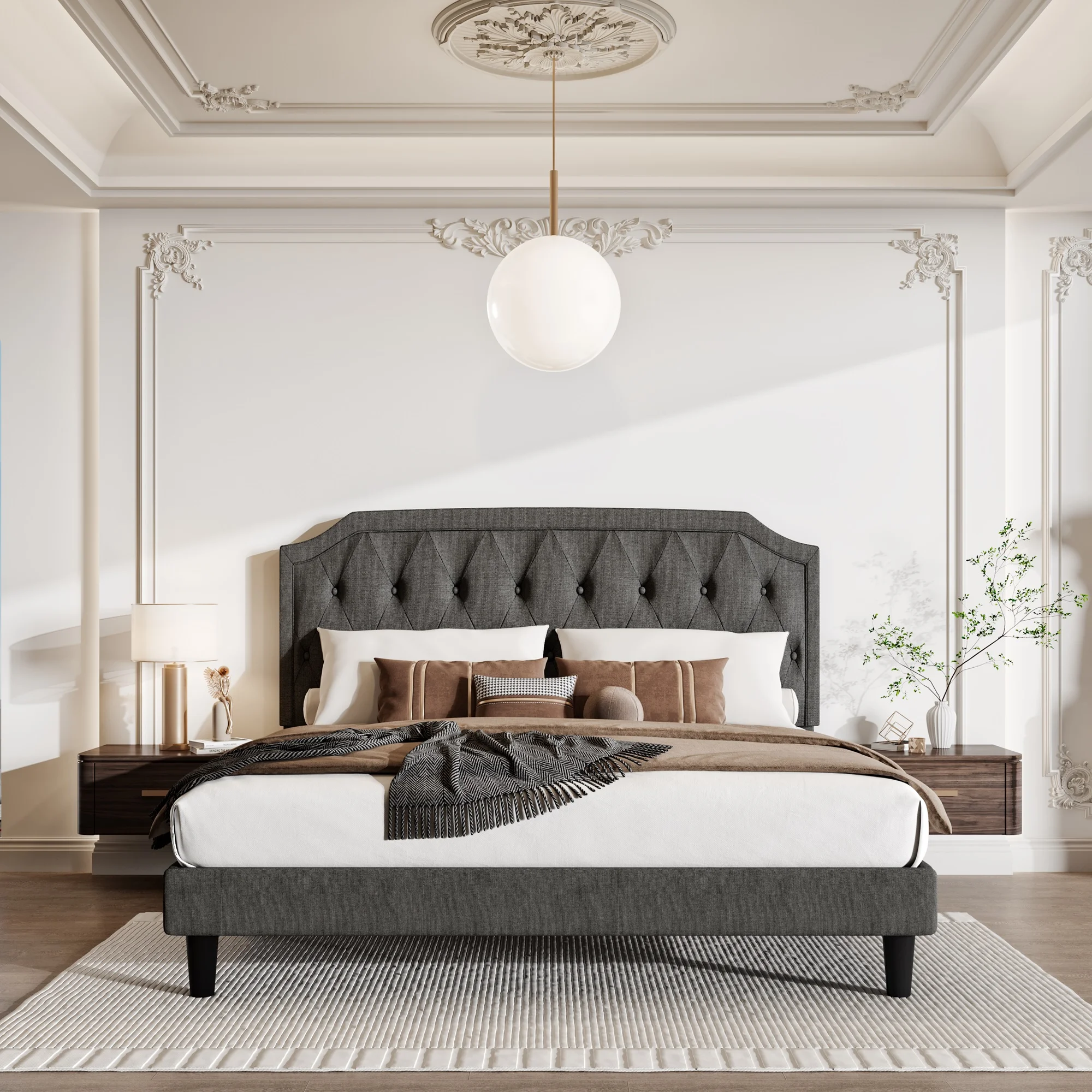 Sha Cerlin Upholstered King Size Platform Bed Frame with Curved Rhombic Button Tufted Headboard, Dark Grey
