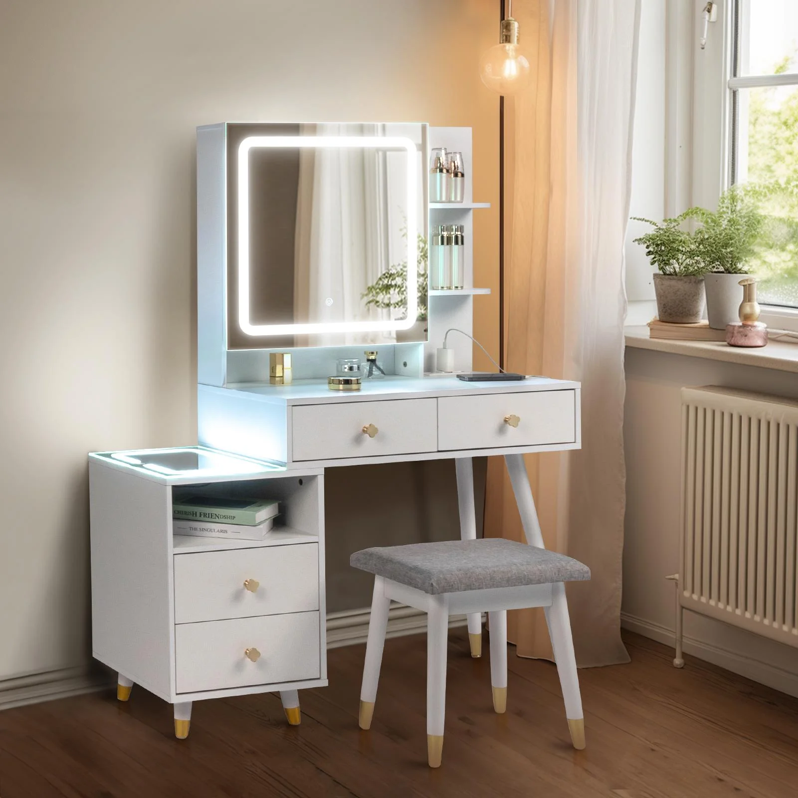 Ktaxon 3 Color Lighted Vanity Table Set, Makeup Table with LED Nightstand, Dressing Table with USB Charging Station, for Girls, Women, Female Bedroom, White