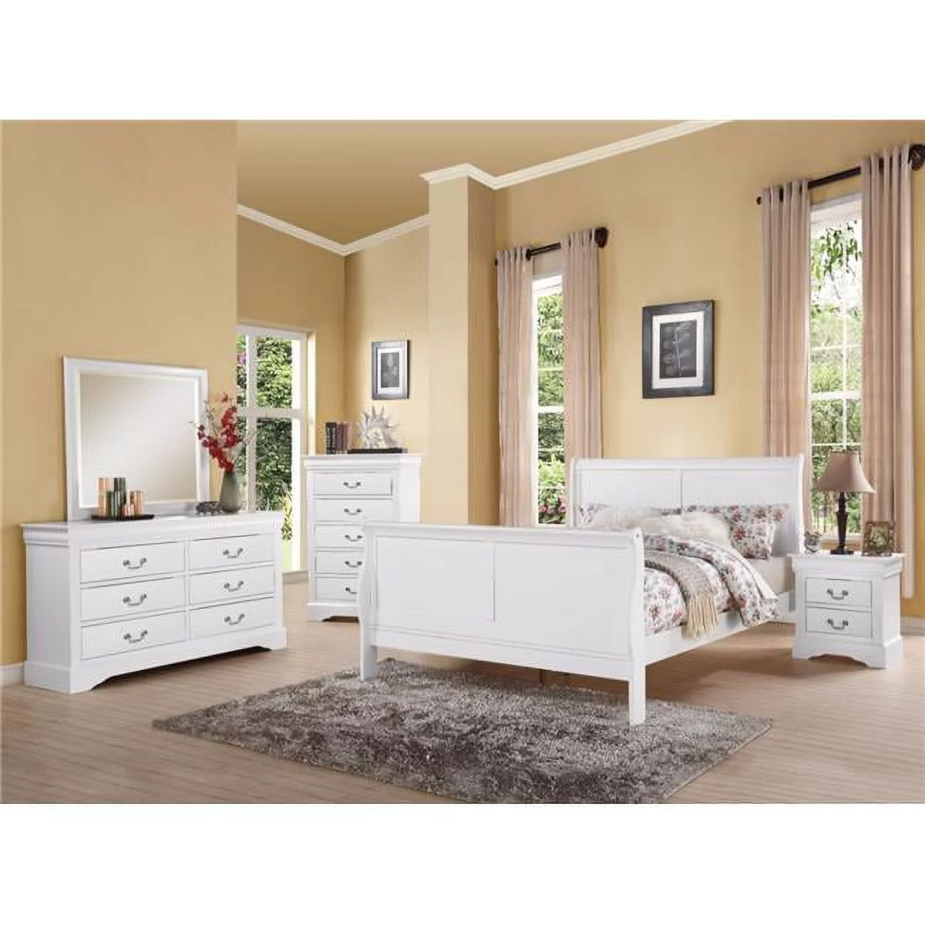 47 x 63 x 92 in. Classy Transitional Style Queen Size Sleigh Bed, White
