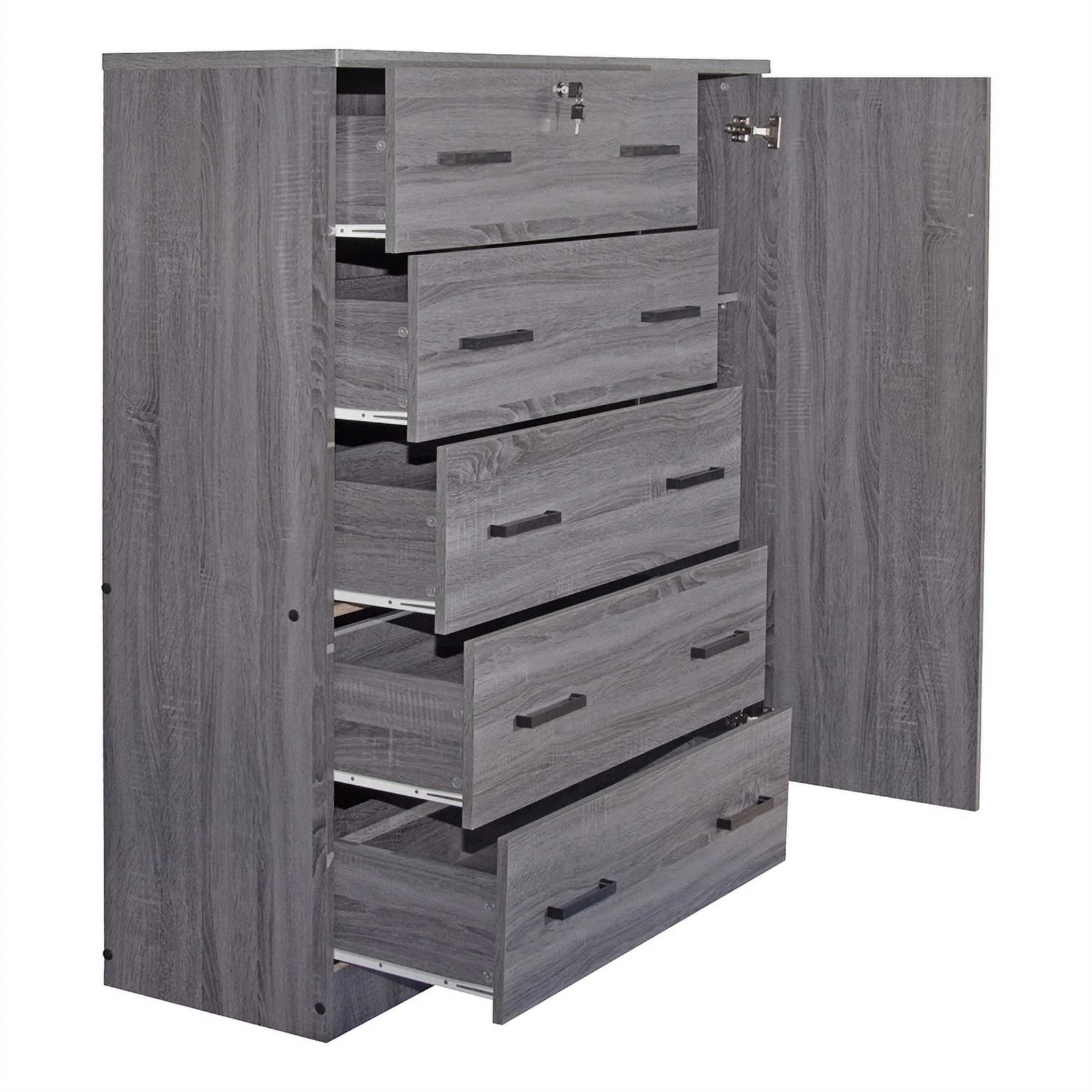 Pemberly Row 5 Drawer Wooden Tall Chest Wardrobe in Gray Finish