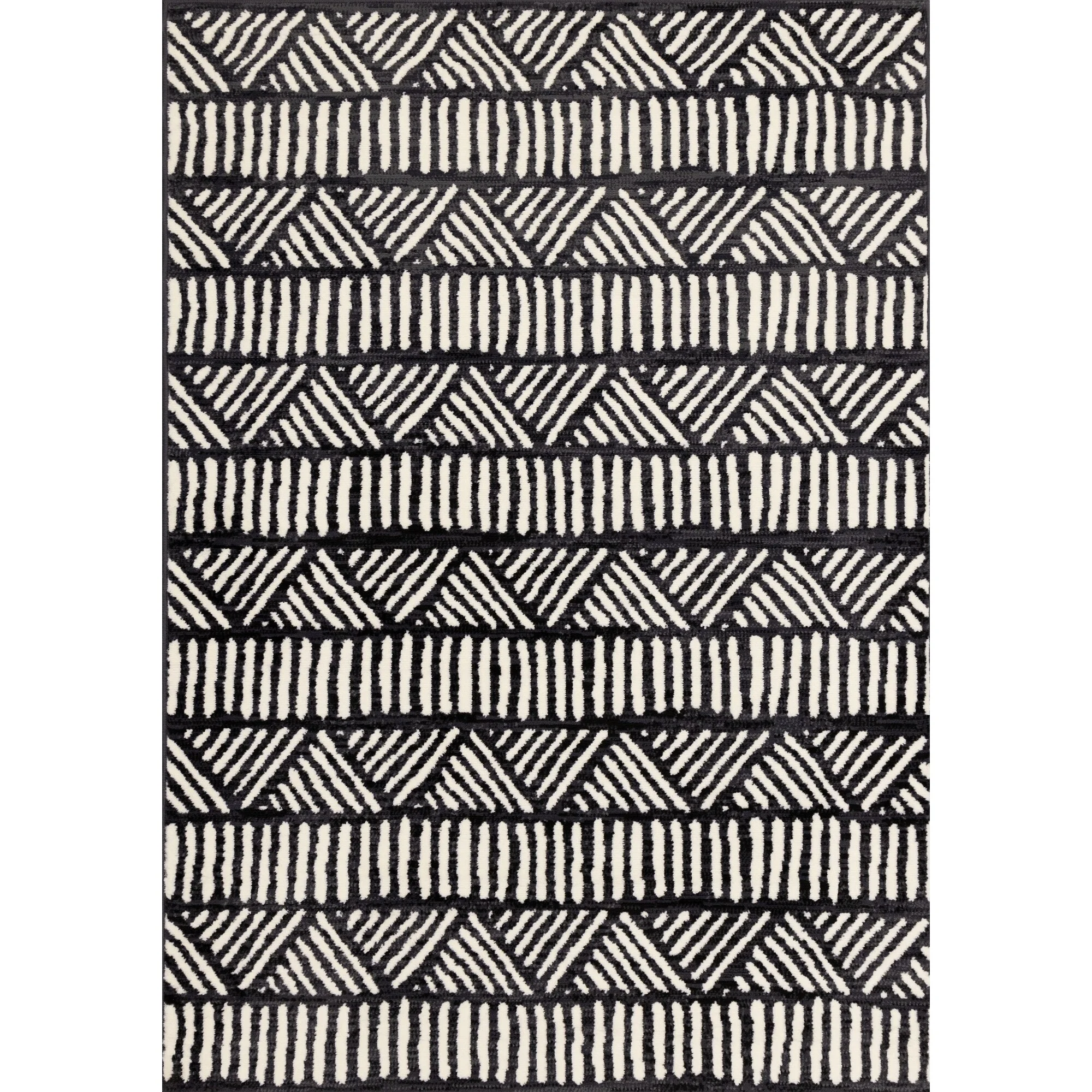 Florence Collection - Black/White Tribal Striped Area Rug - 4'7