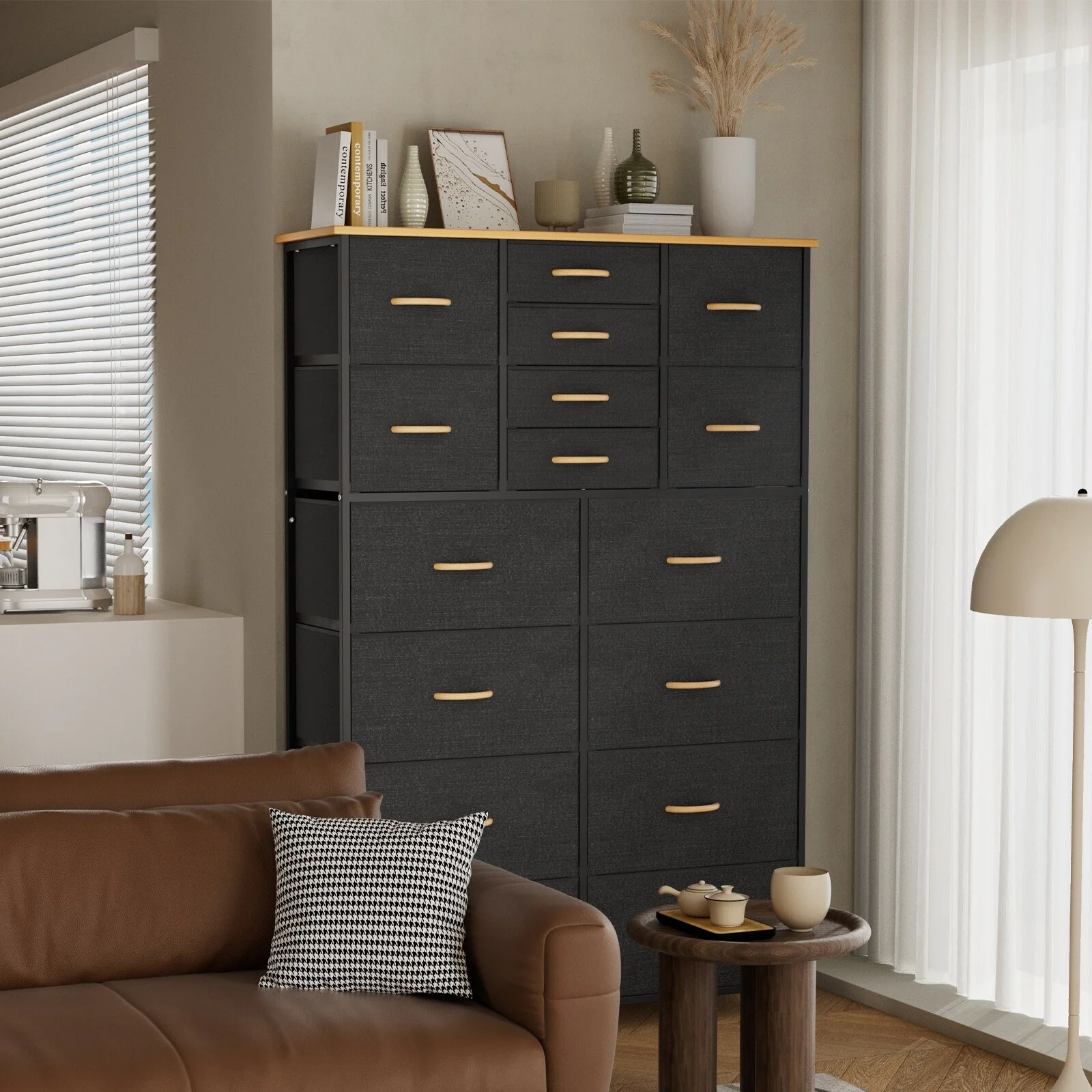 Storage Tower Unit with 16 Drawers, Leather storage, Bedroom, Livingroom, Black