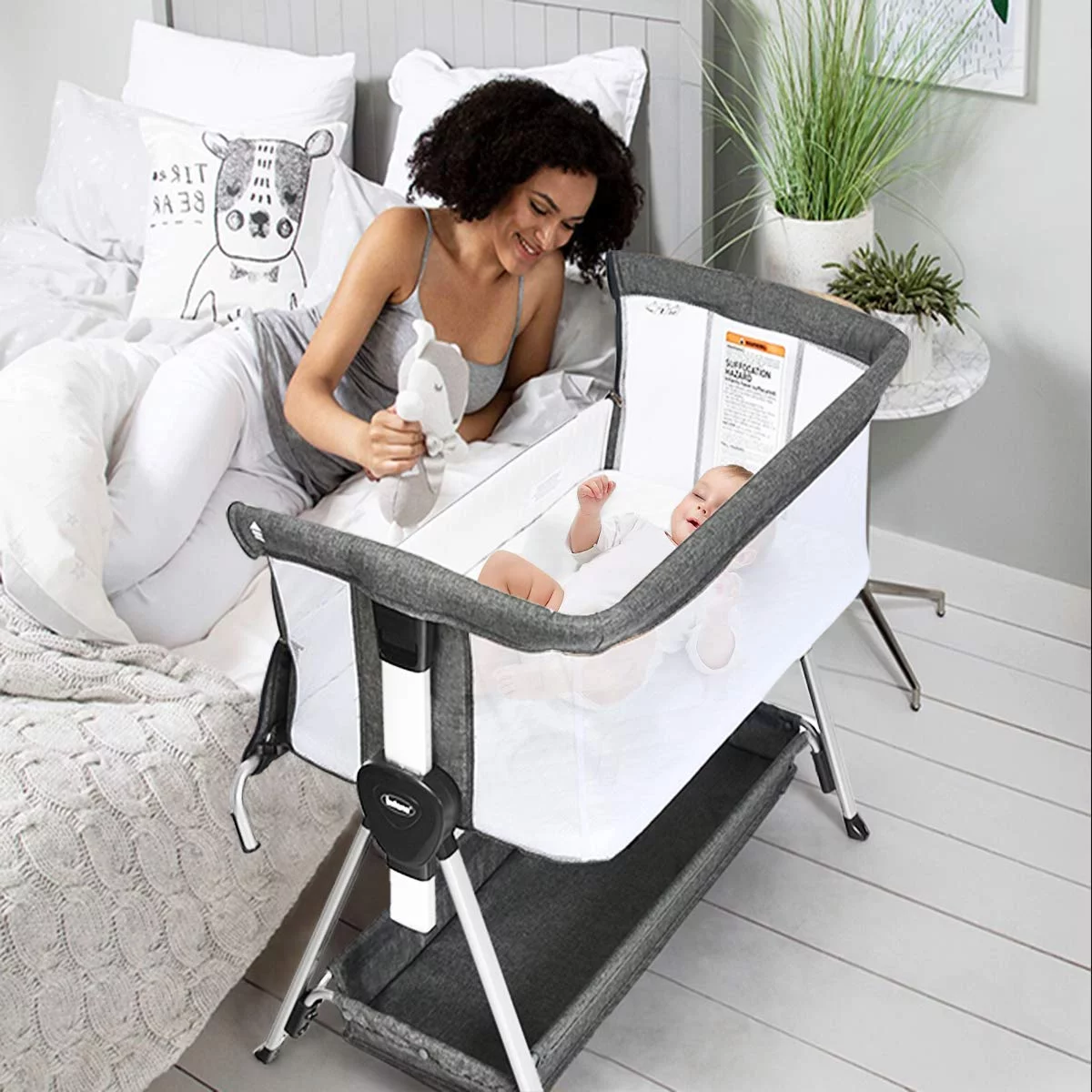 INFANS Baby Bassinet Bedside Crib, Newborn Sleeper w/Large Storage Basket, Adjustable Heights & Angle, Detachable Mattress, Breathable Mesh, Easy Moving Bed Side, Dark Grey