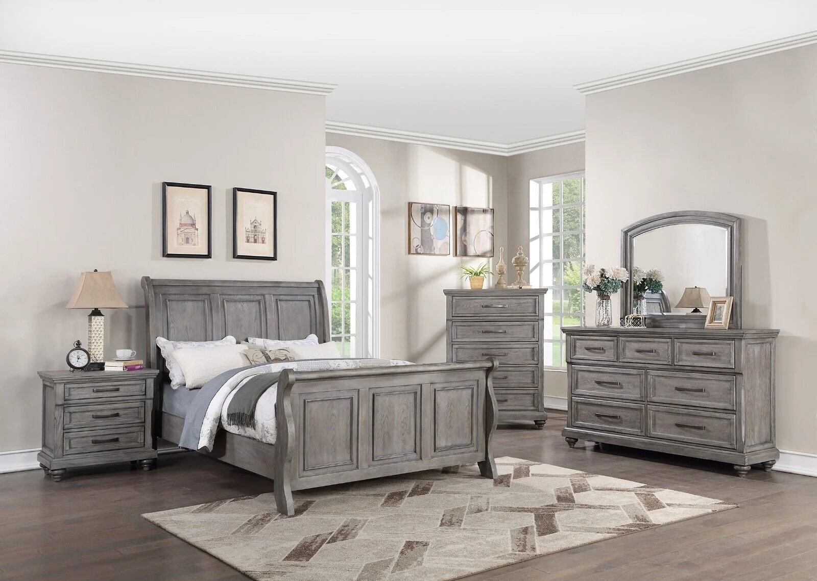 Transitional Beautiful Grey Hues 4pc Bedroom Furniture Cal King Size Bed Dresser Mirror Nightstand Sleigh Design Veneer Plywood