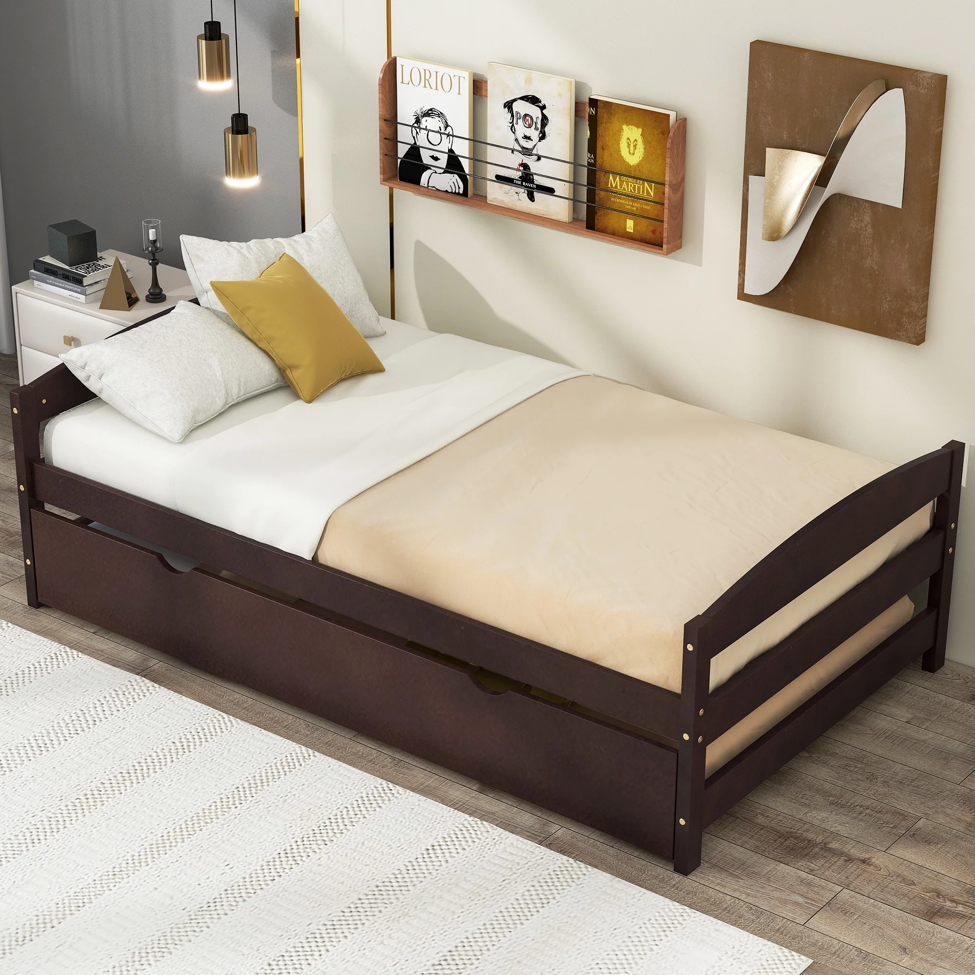 Bellemave Twin Size Solid Wood Platform Bed with Headboard and Footboard,Modern Daybed with Trundle for Kids Teens Adults,No Box Spring Needed,Espresso