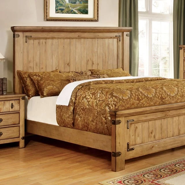 Simple Cottage Style 1pc Queen Size Bed Solid wood Plank Unique Headboard Footboard Natural Weathered Elm Bed frame Bedroom