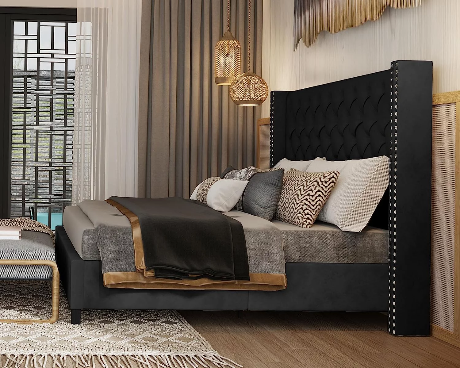 PaPaJet Bed Frame Queen Velvet Deep Tufted Upholstered Headboard 53