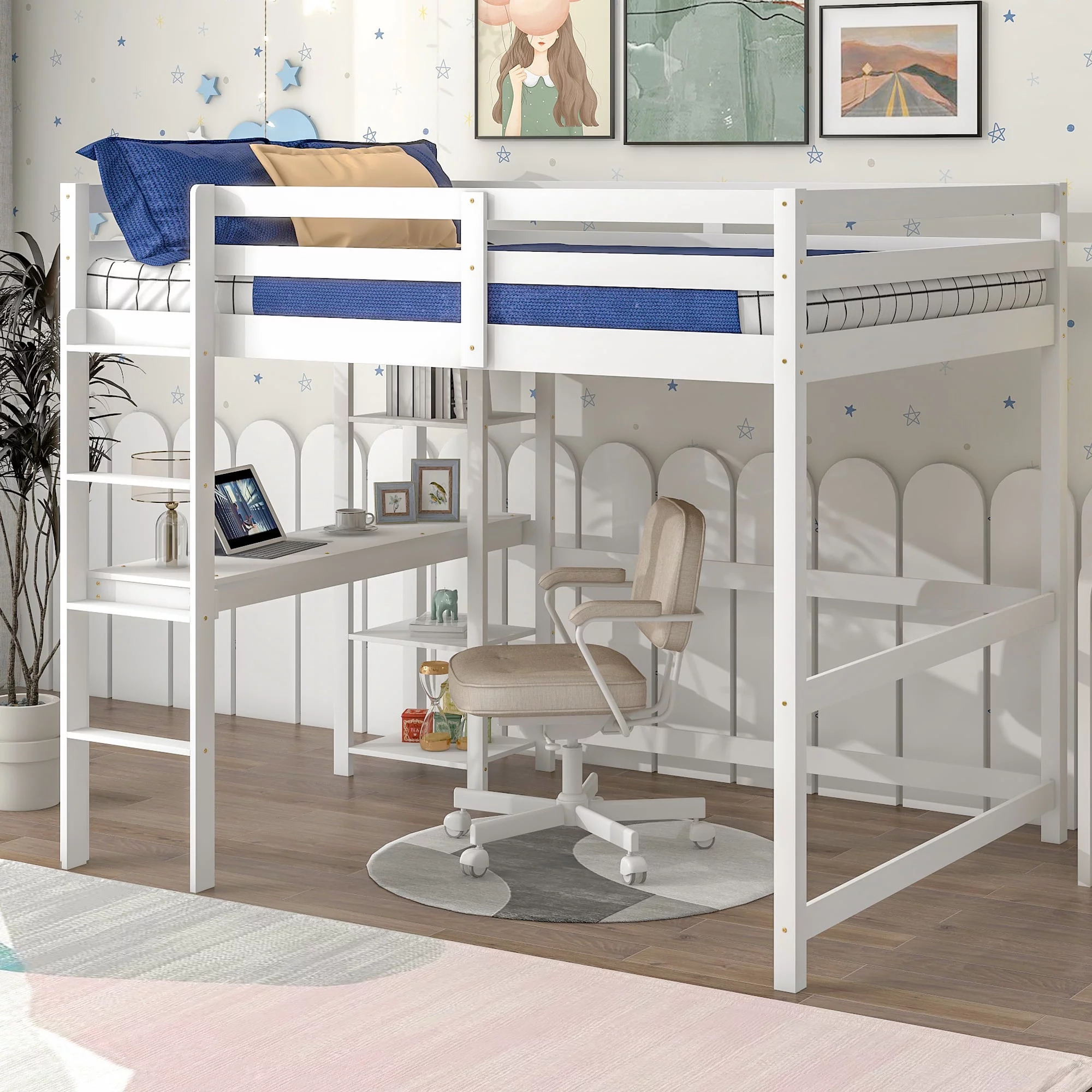 Dcenta Full Loft Bed with Desk and Shelves,White