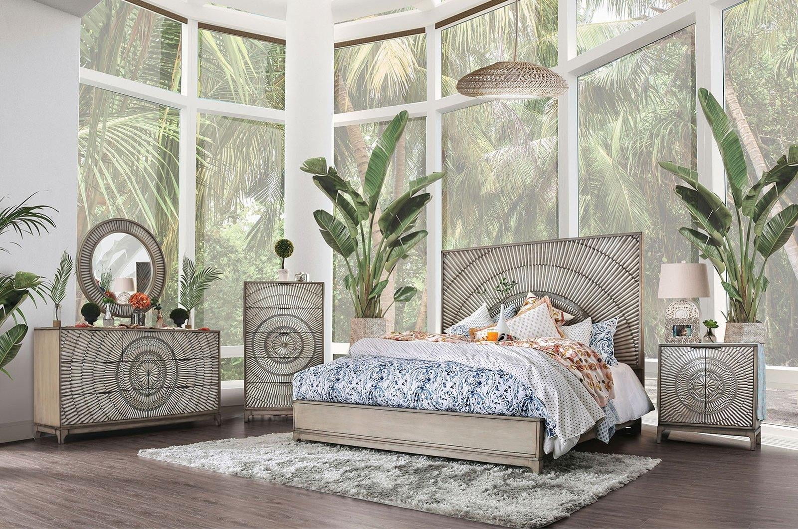 Transitional Antique Gray Solid Wood King Bedroom Set 6pcs FOA CM7521 Kamalah