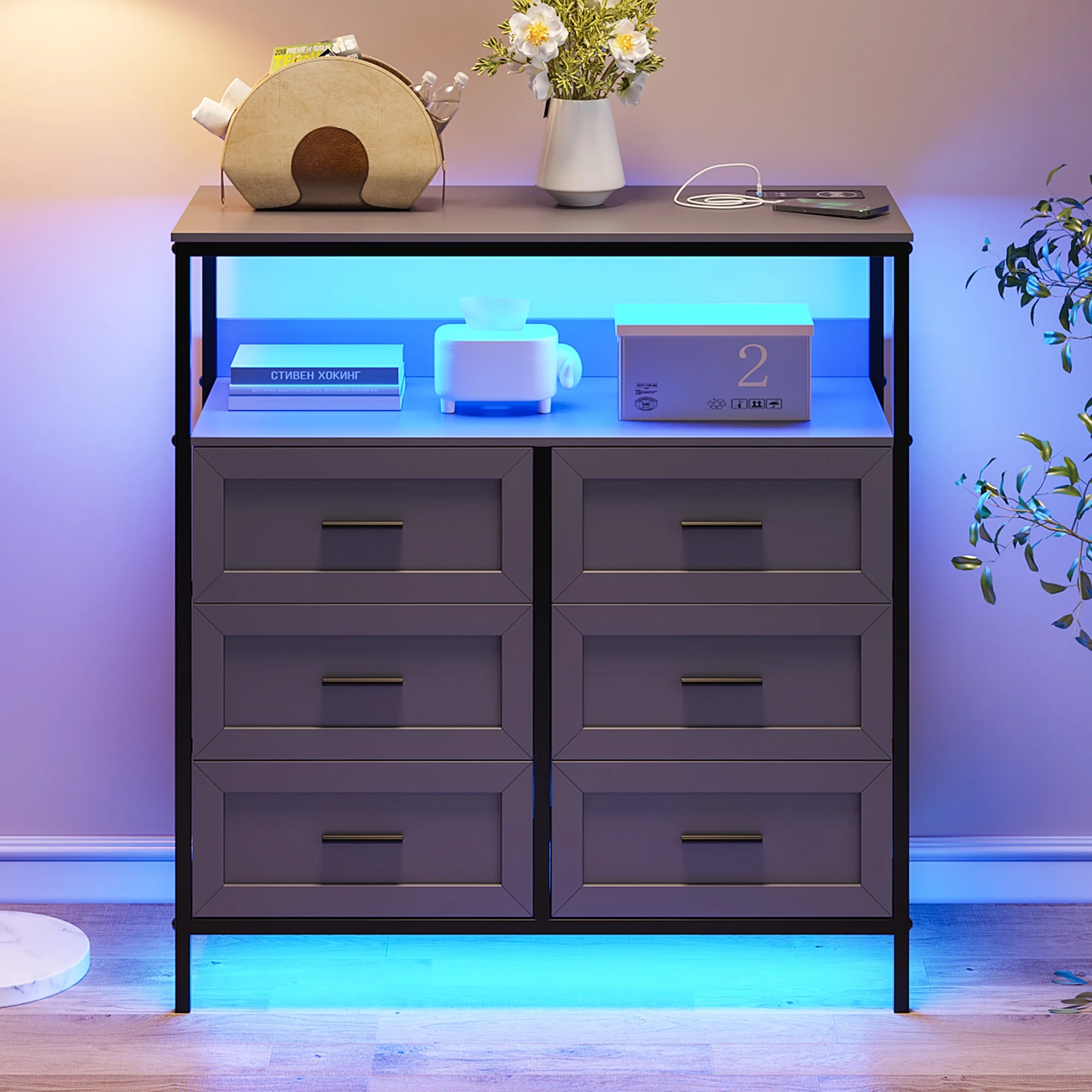 HNEBC Dresser for Bedroom with Charging Station and Human Sensor, 6 Large Drawers Dresser with LED Lights, Wide Chest of Drawers with Open Shelf, Dresser for Living Room, Closet, Dark Grey