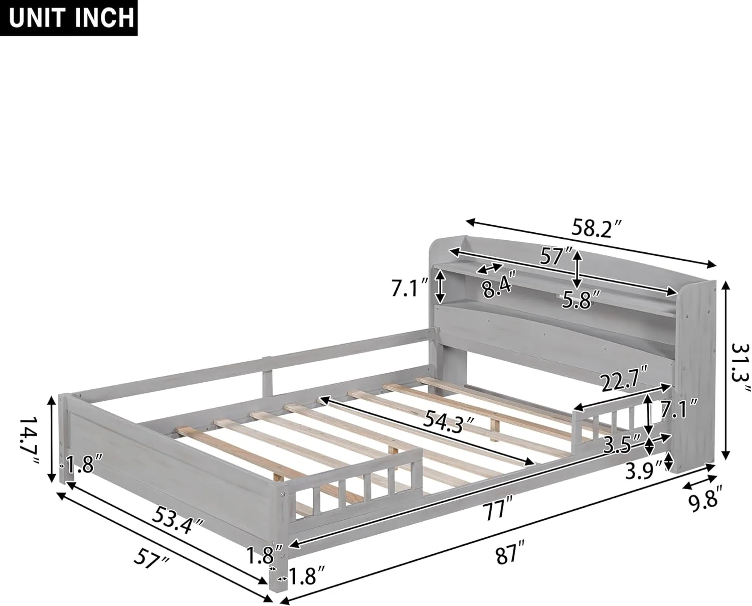 Wood Full Size Platform Bed With Built-I LED Light, Storage Headboard Ad Guardrail For Safety,Atique Grey