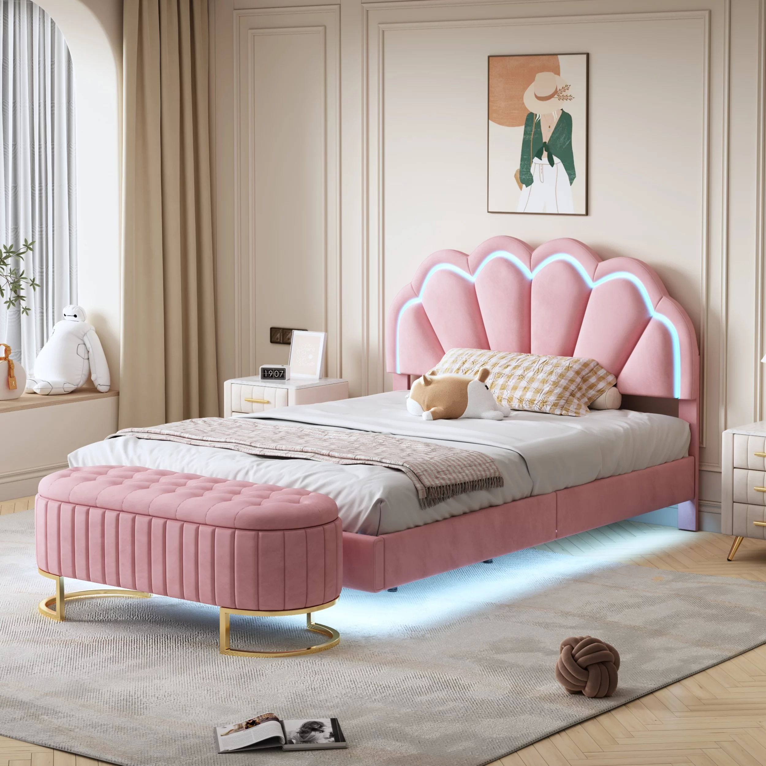 CoSoTower 2-Pieces Bedroom Sets Full Size Upholstered LED Platform Bed with Storage Ottoman-Velvet,Pink