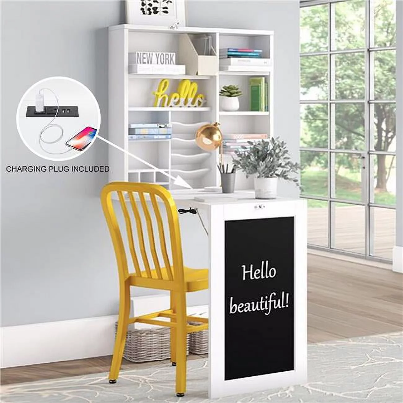 Utopia Alley Collapsible Fold Down Desk Table with Storage Cabinet & Shelves - Wall Mounted Desk Furniture with Chalkboard Wall - Computer Desk Storage with USB Charging Ports & Outlets - White