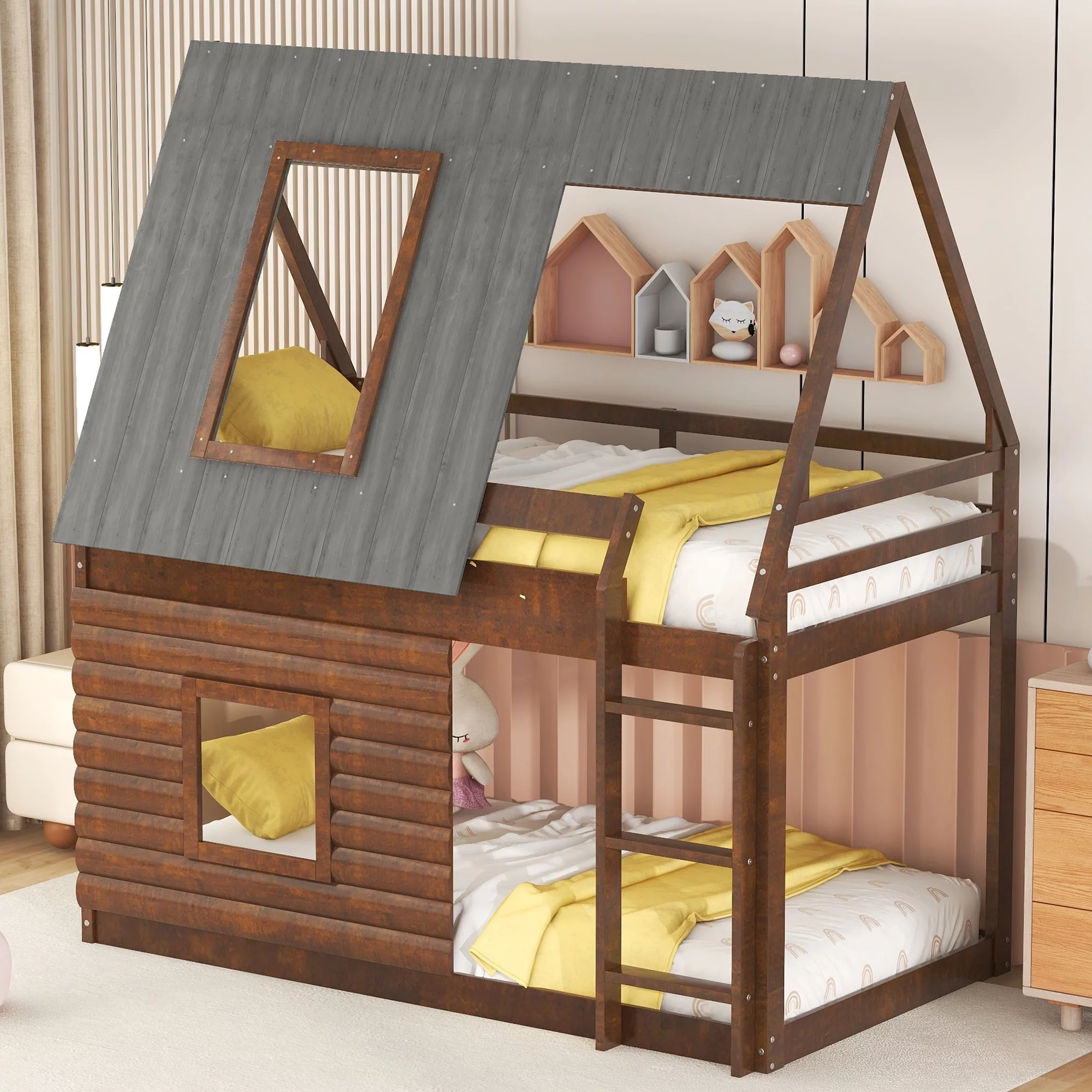 Churanty Kids Low House Bunk Bed with Roof, Wood Twin Size Floor Bunk Bed with Window for Teens Girls Boys Bedroom,Oak & Smoky Grey
