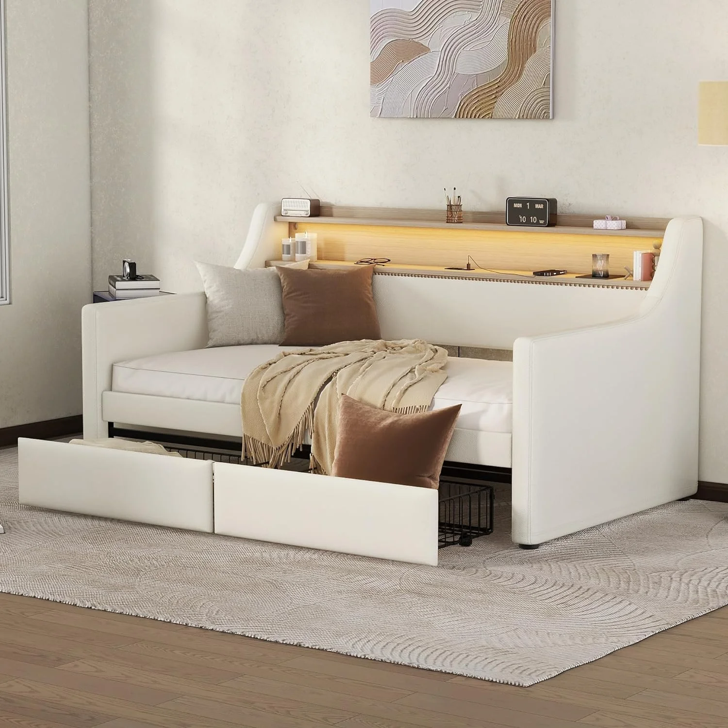 Daybed Frame With Storage Drawers Ad LED Light, PU Upholstered Daybed With Chargig Statio Ad Shelf Ad High Back For Livig Room Bedroom, White