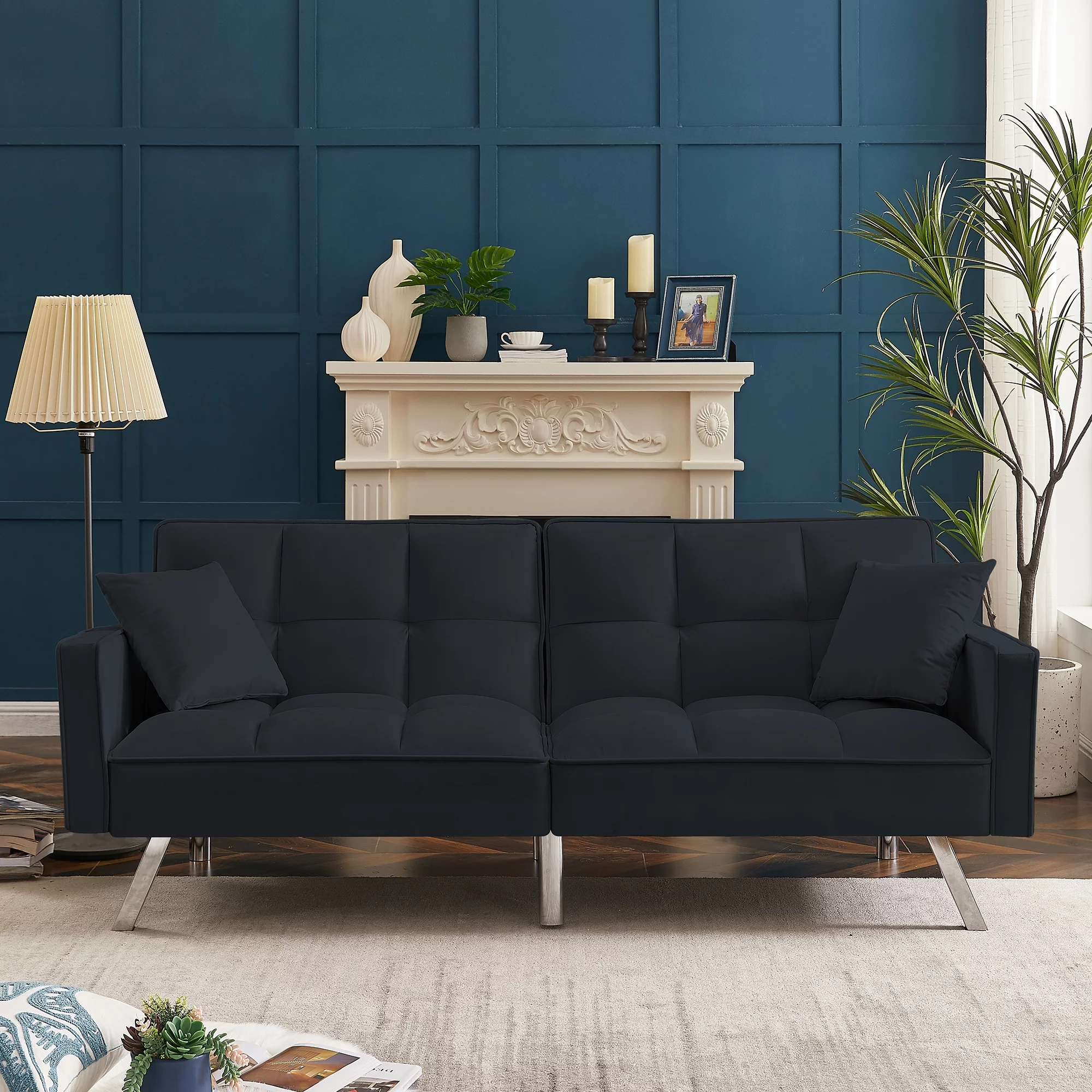 Holaki Modern Velvet Sofa Couch Bed with Armrests and 2 Pillows for Living Room and Bedroom, BLACK