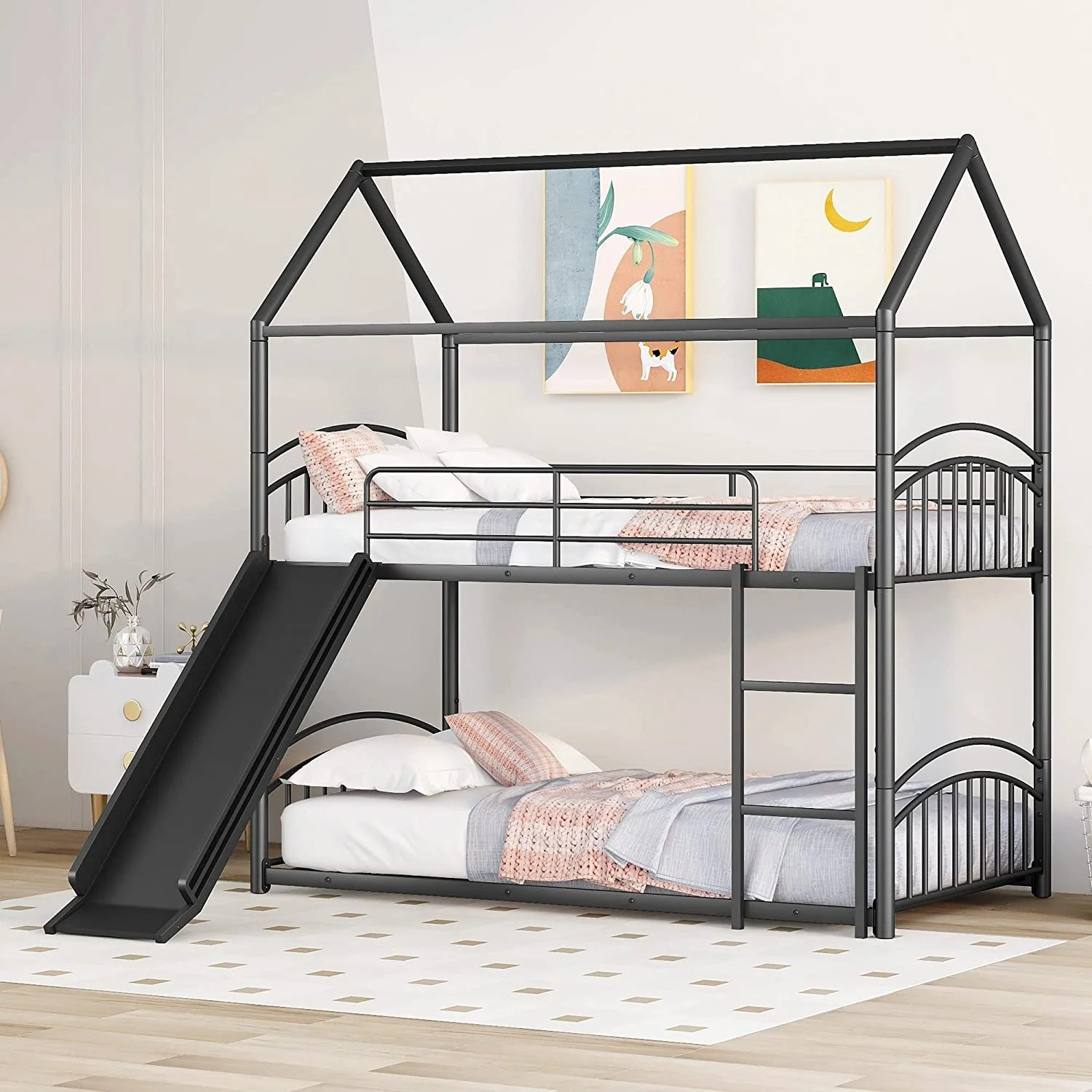 Over Metal Bunk Bed With Slide, House Slide Roof, Low Frame For Kids Teens Girls Boys, Can Convertible Into Two Separate Beds (Black), Black+Slide