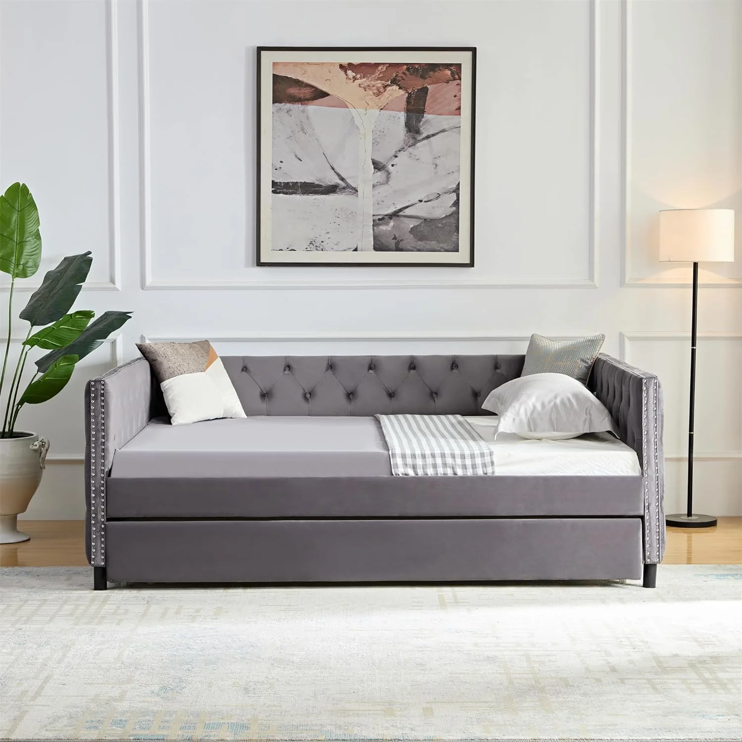 Full Velvet Upholstered Daybed With Trundle, Full Size Upholstered Tufted Sofa Bed With Nail Head Trim, Sofa Bed Trundle Daybed With Wood Frame, Grey