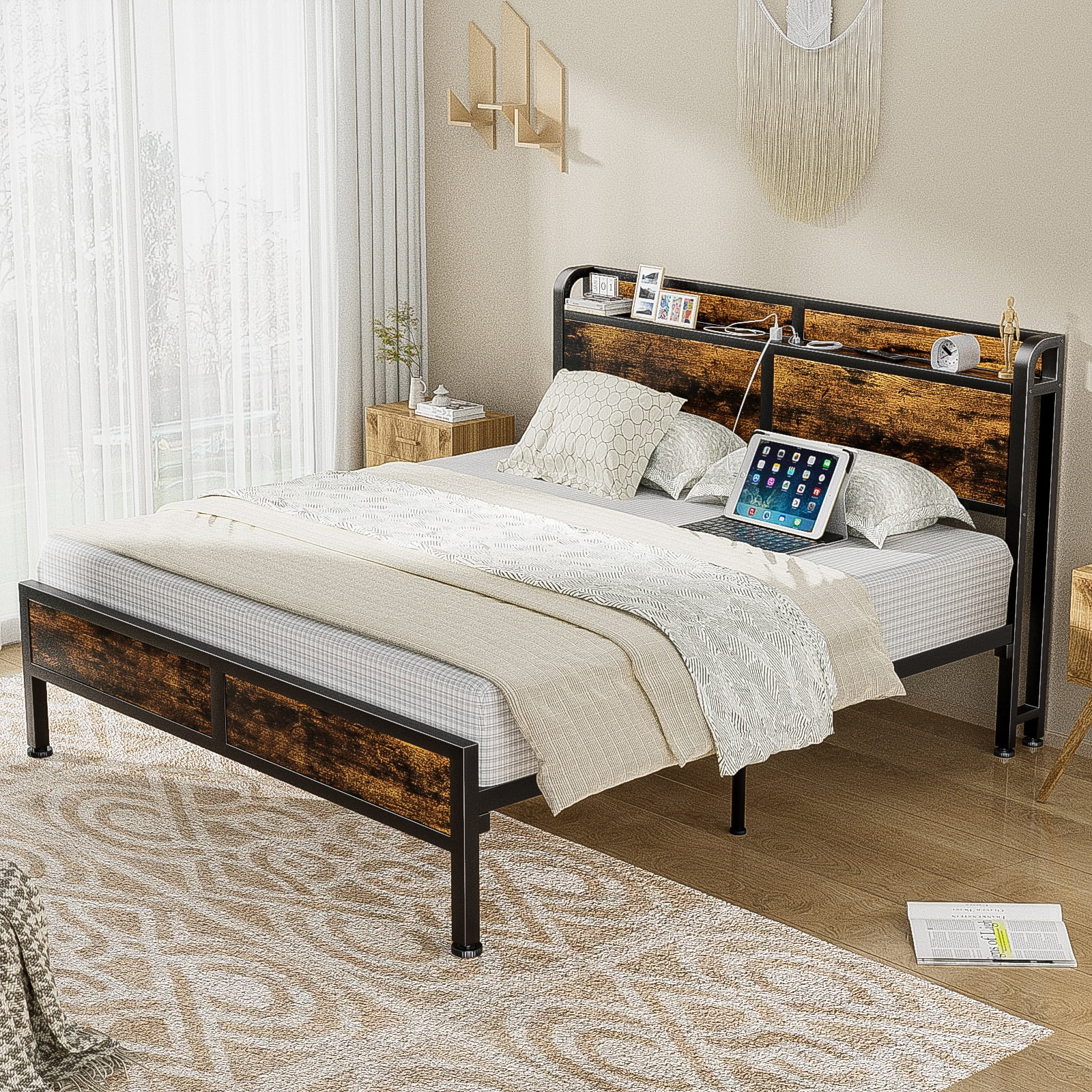 Queen Size Bed Frame Metal Platform Bed Frame with Storage Headboard Charging Station Sturdy Metal Frame Solid Support and Easy Assembly