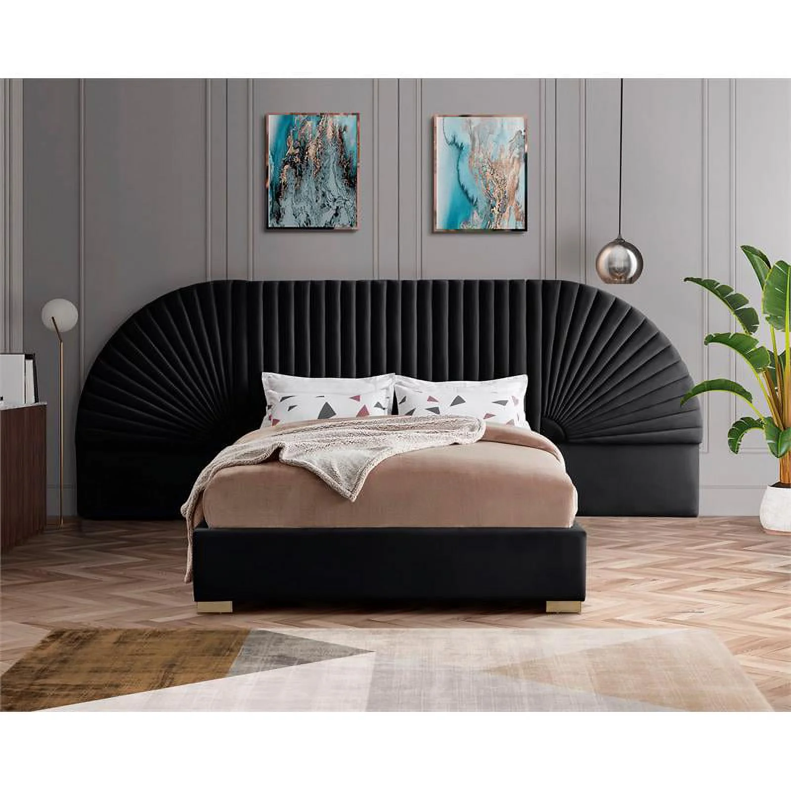 Maklaine Contemporary Upholstery Black Velvet Queen Bed